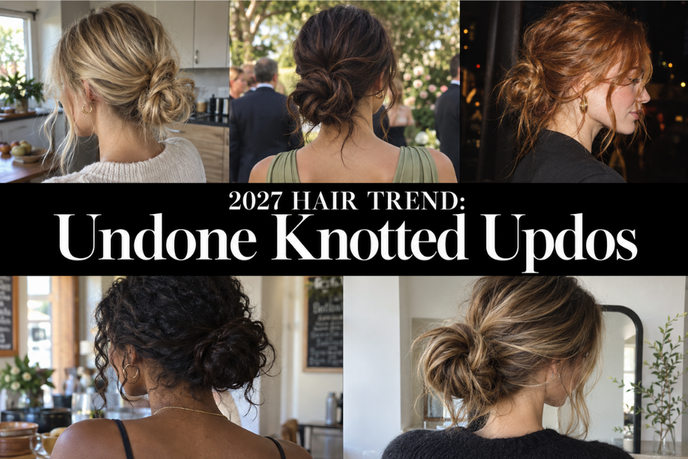 collage of women with low messy buns