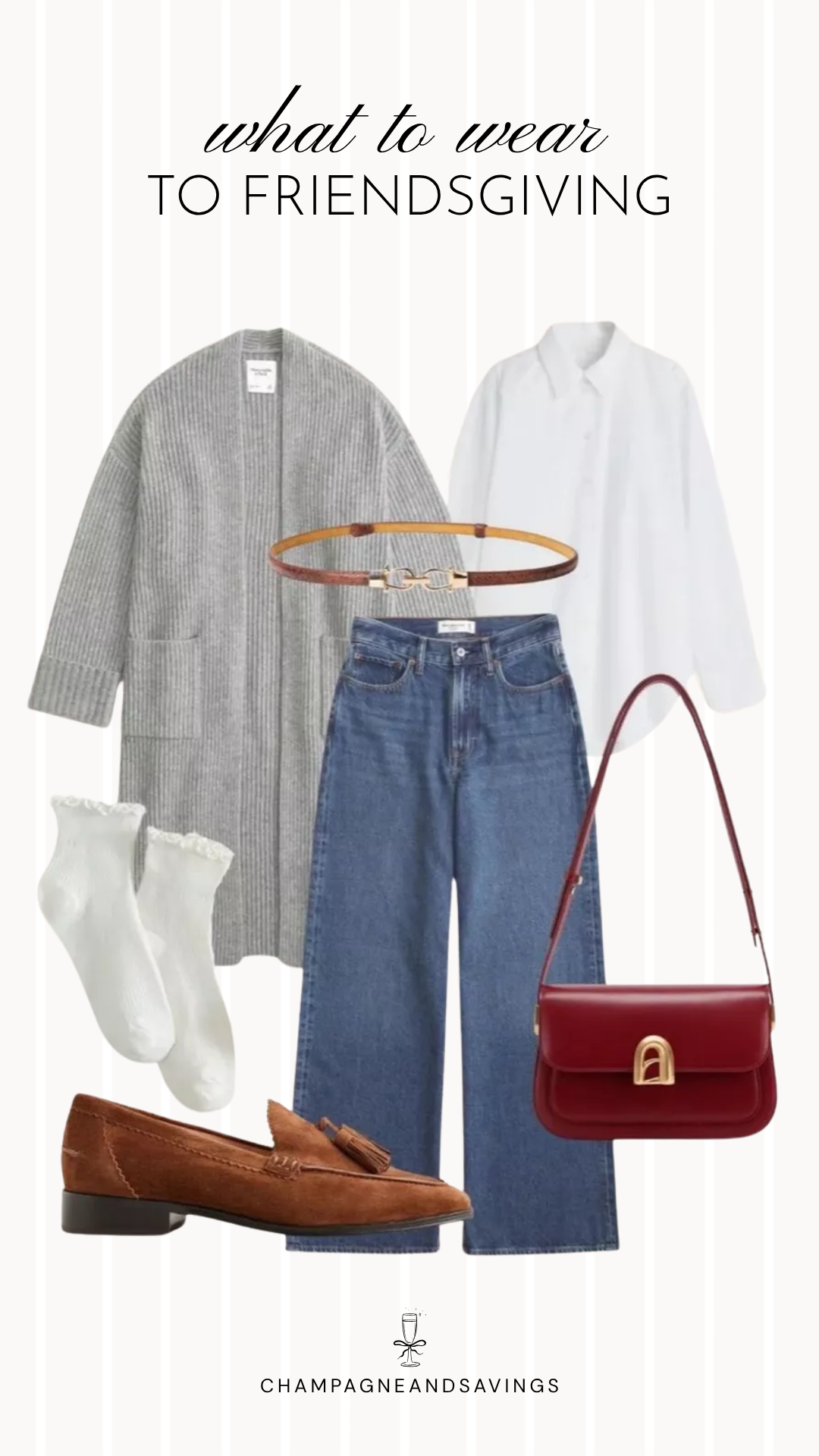 Friendsgiving outfit idea featuring a long cardigan layered over a button-down shirt and paired with loafers, styled together in a cozy fall fashion collage for a classic and polished holiday gathering.
