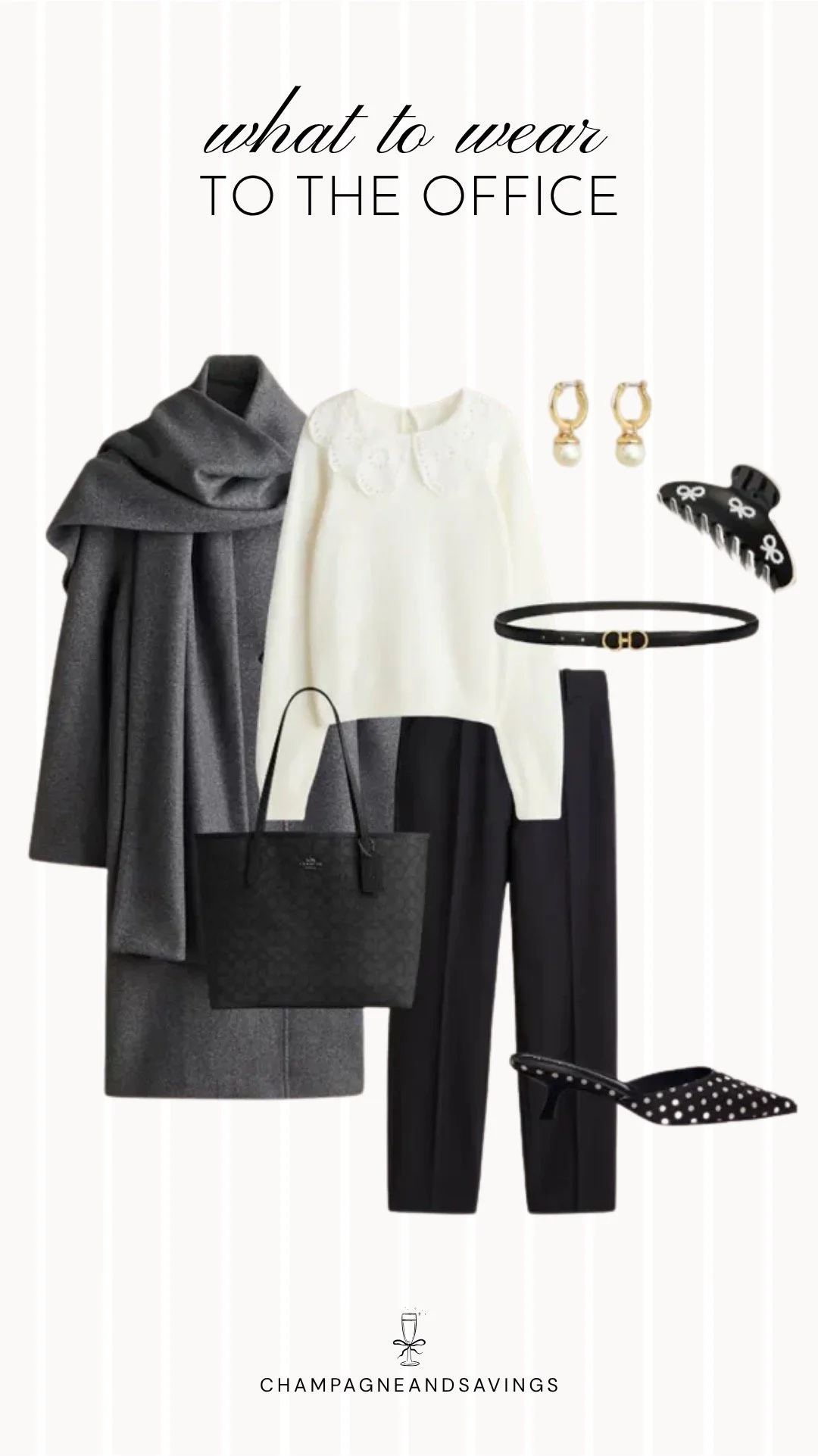 Collage of outfit pieces featuring a collared sweater paired with black trousers and a grey coat for a polished fall outfit with a classic and sophisticated feel.