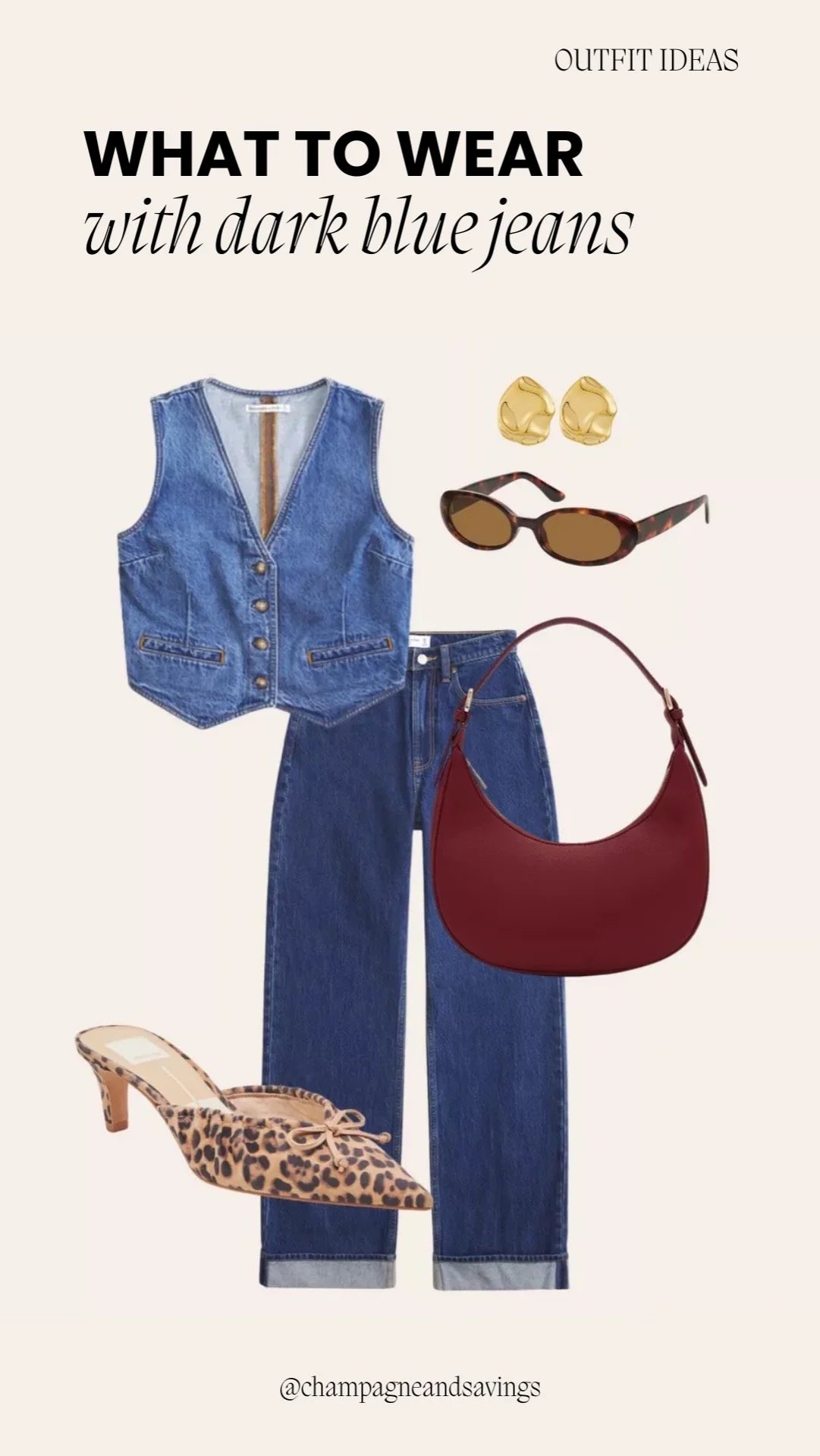 Collage of outfit pieces for a “Denim Vest + Statement Bag” dark denim look, featuring dark denim paired with a denim vest and a bold statement bag, styled in a casual trendy aesthetic.