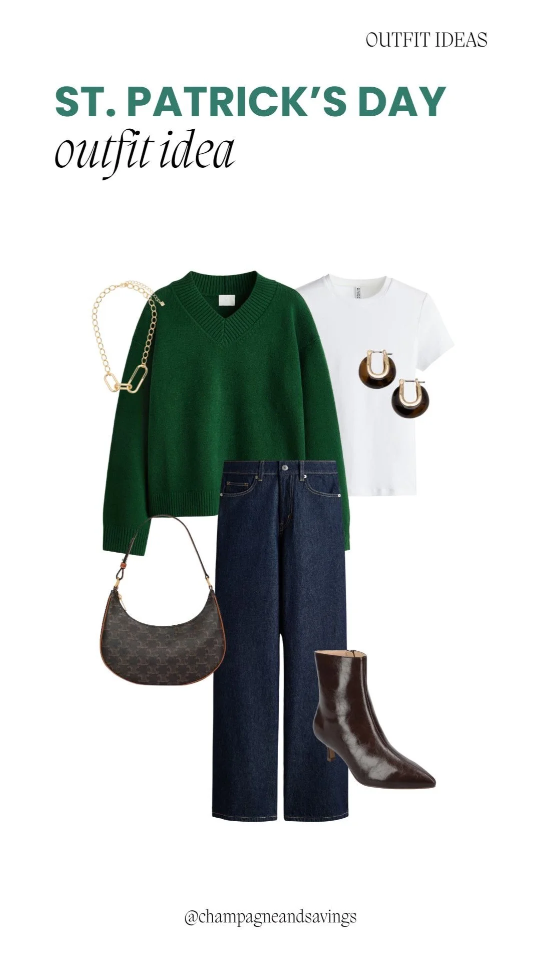 Green V-neck sweater styled with dark denim jeans for a classic and casual St. Patrick’s Day outfit.