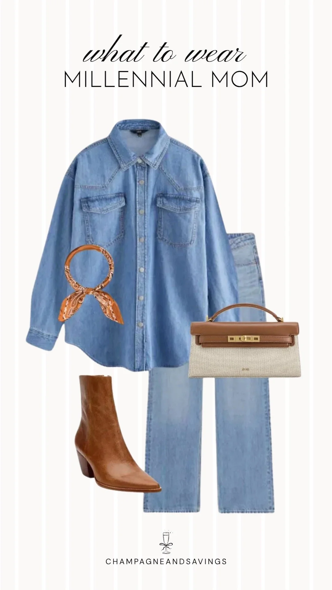 Collage of outfit pieces featuring a denim shirt paired with straight-leg jeans and ankle booties for a classic and effortlessly stylish millennial mom outfit.