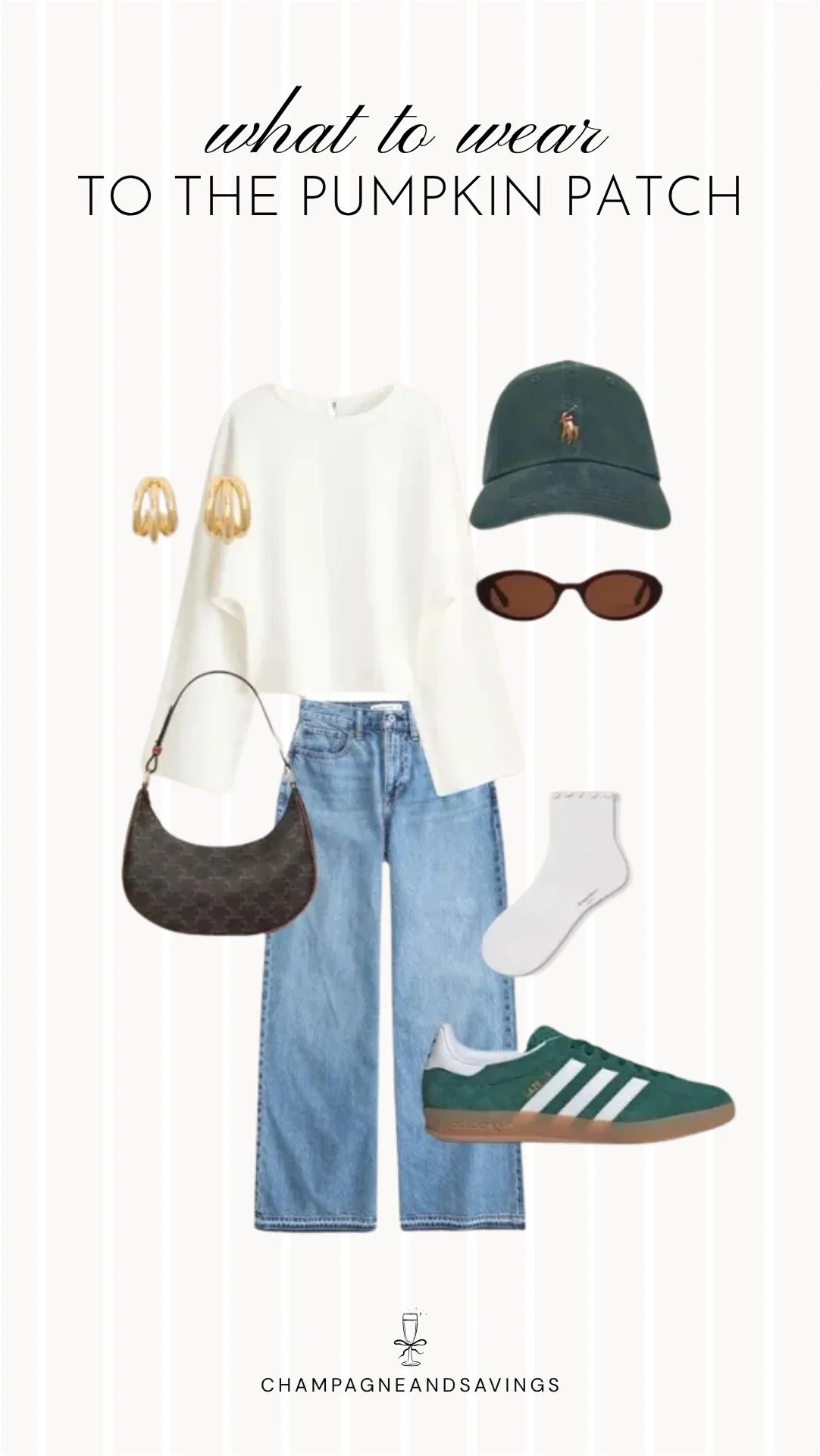 Collage of outfit pieces featuring a cream top styled with wide leg jeans and green sneakers for a casual pumpkin patch outfit idea with a relaxed trendy fall vibe.