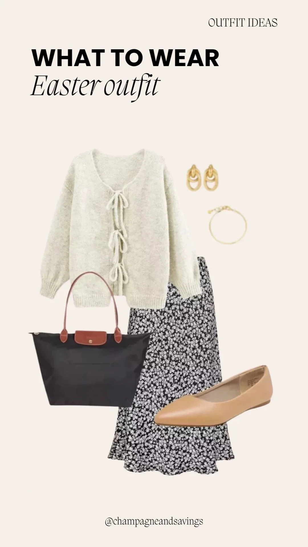 Easter outfit ideas collage showing a cozy cardigan paired with a floral midi skirt and coordinating accessories.