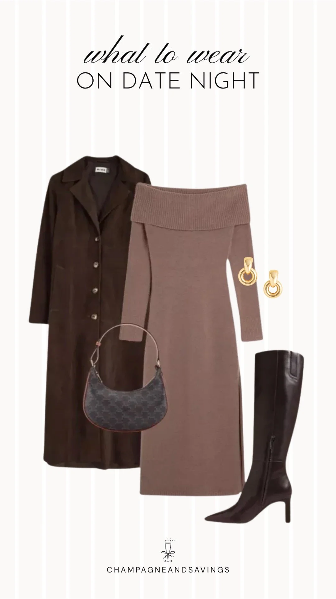 Collage of outfit pieces featuring a draped one shoulder top styled with leopard wide leg pants for a bold and trendy fall date night outfit idea.