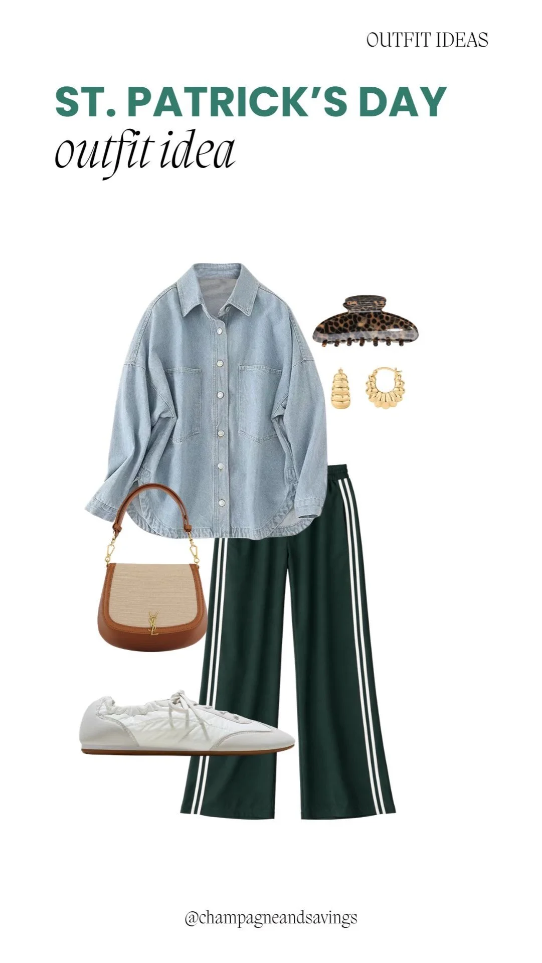 Denim shirt paired with green track pants for a casual and festive St. Patrick’s Day outfit.