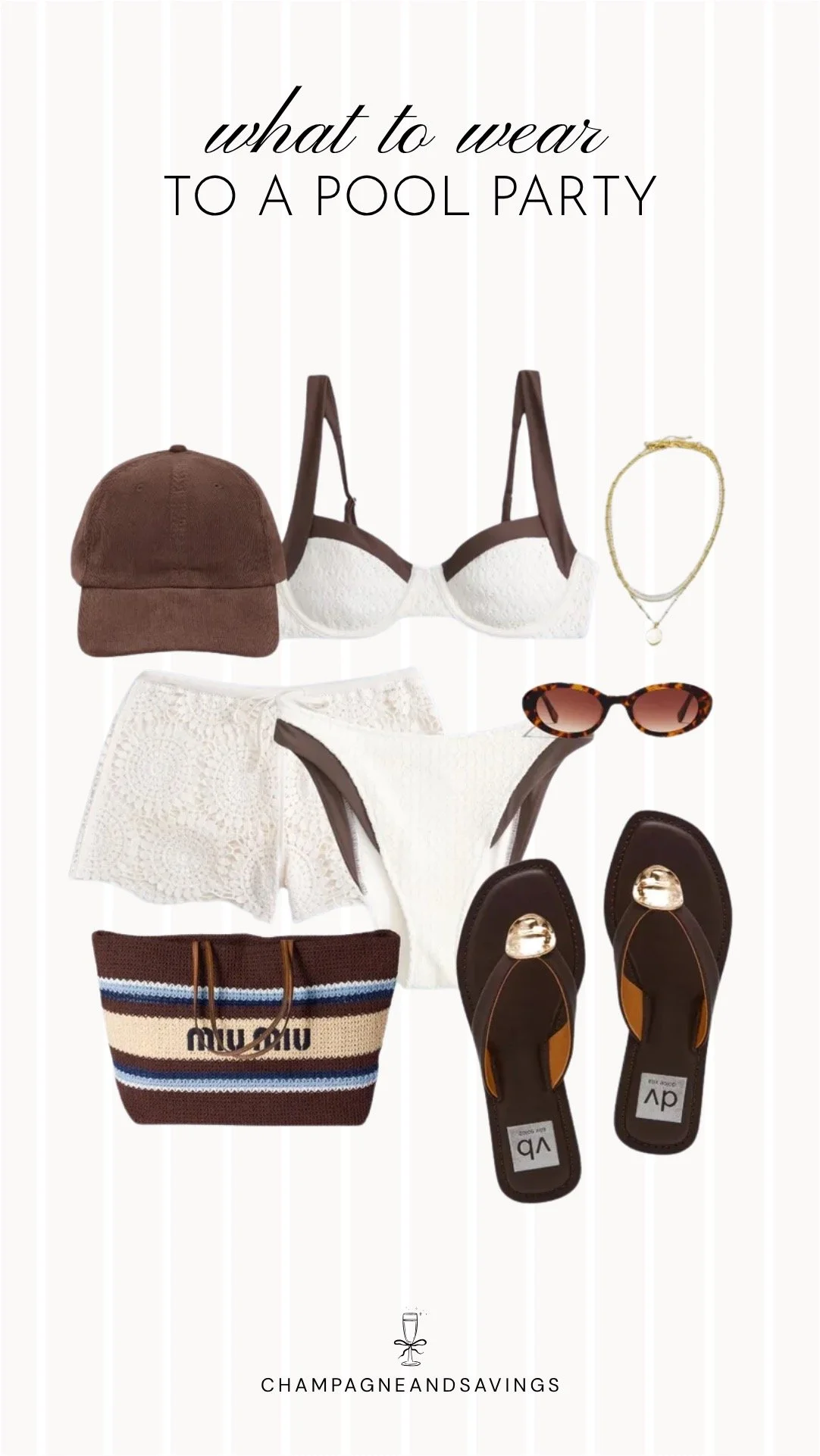 Collage of outfit pieces featuring a brown and white bikini styled with crochet shorts for a trendy and beachy pool party outfit idea.