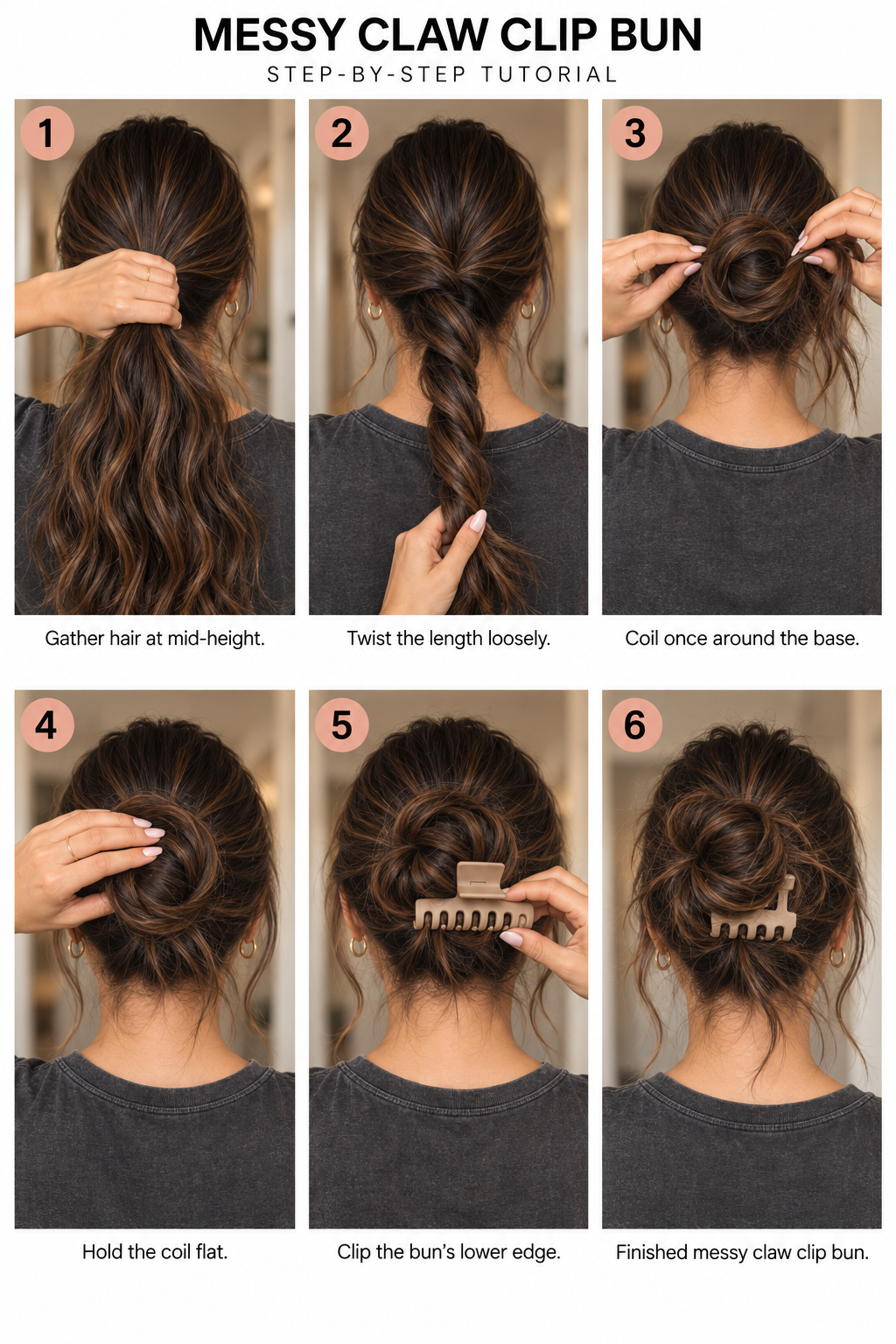 Step by step tutorial on how to do a messy claw clip bun