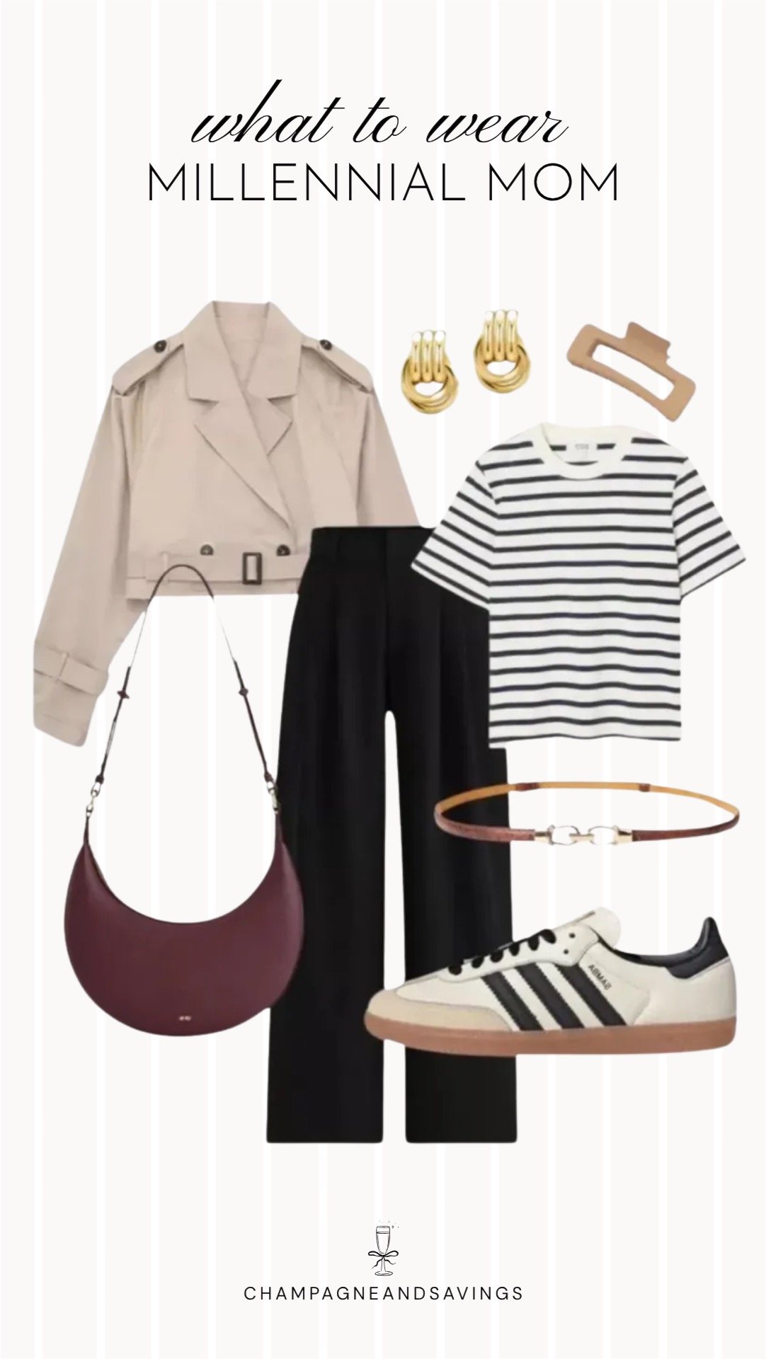 Collage of outfit pieces featuring a cropped trench coat layered over a striped tee and paired with wide-leg trousers for a chic and effortless millennial mom outfit.