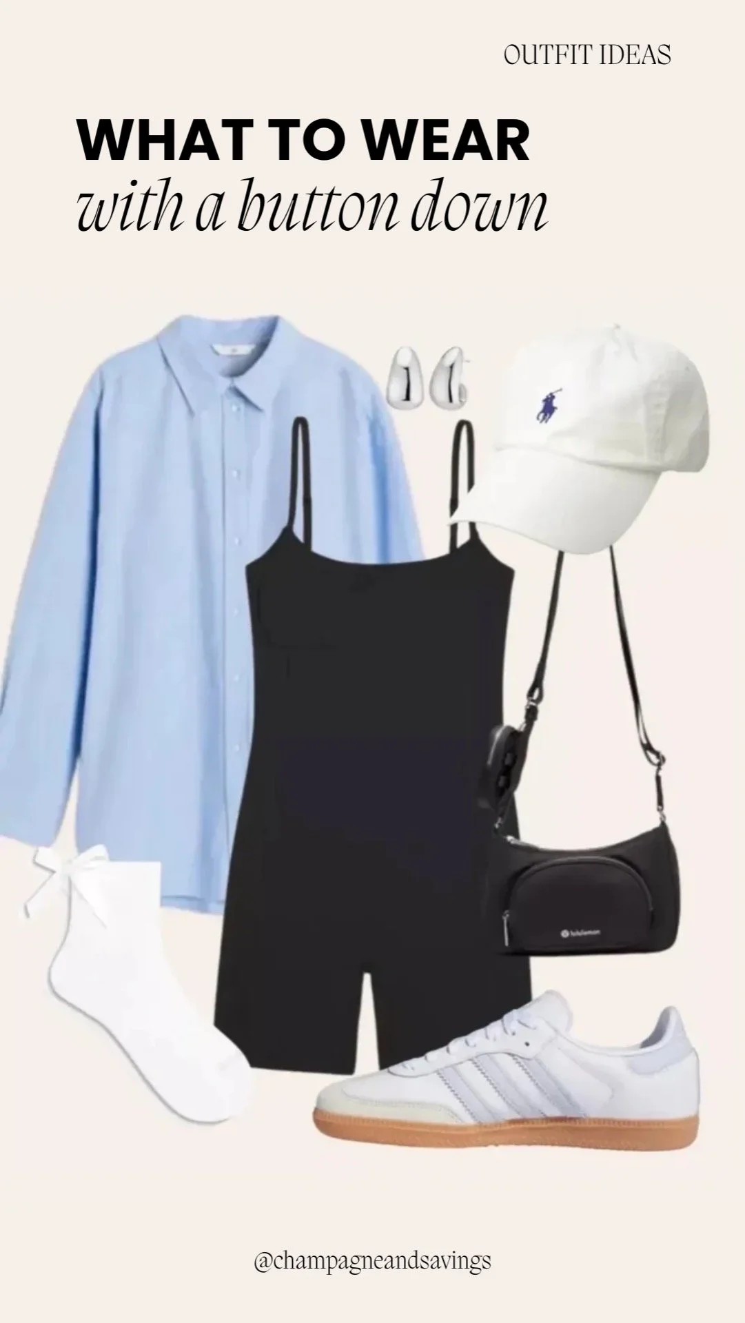 Button down shirt outfit idea with a romper and sneakers shown in a collage of outfit pieces.