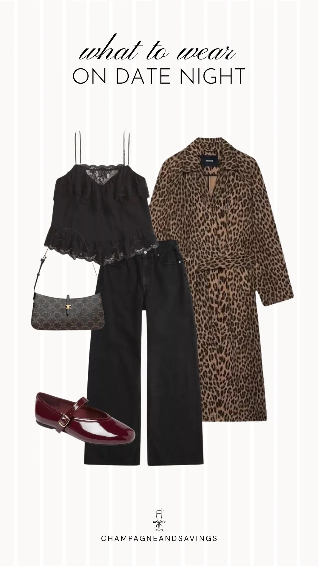 Collage of outfit pieces featuring a leopard coat styled with a black lace cami and wide leg jeans for a bold and elevated fall date night outfit idea.
