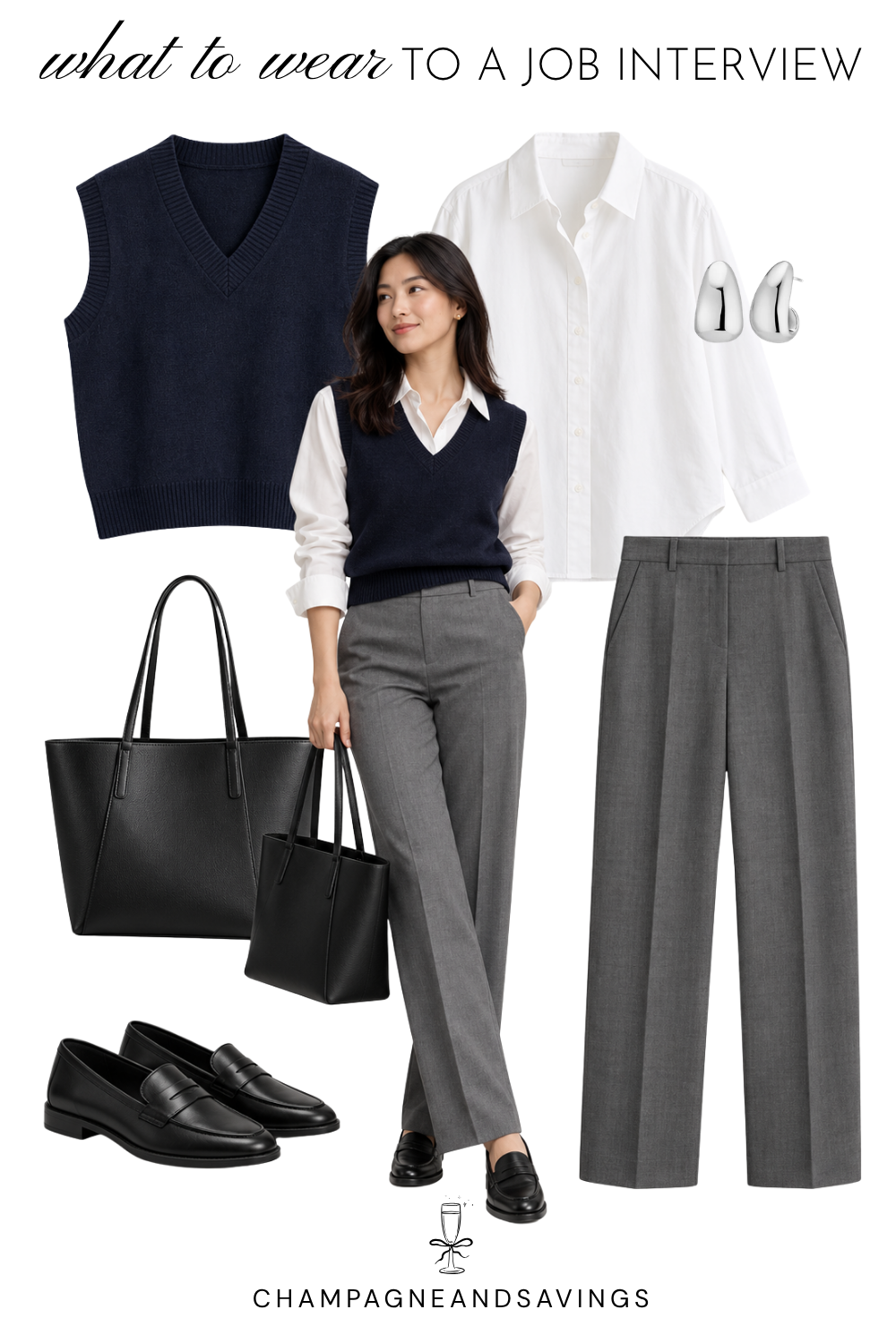 Job interview outfit idea for women featuring a sweater vest layered over a white button-down shirt, shown in a collage of outfit pieces for a polished, professional look.