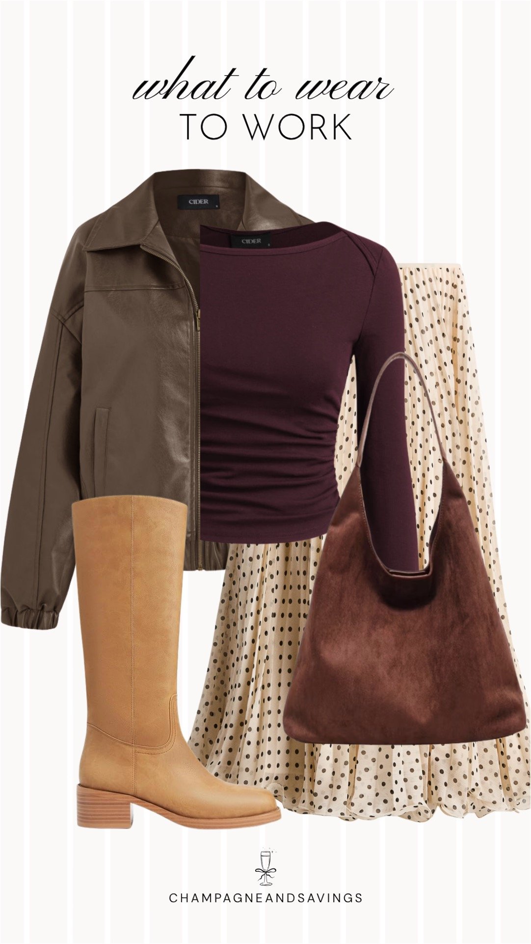 Edgy work outfit collage featuring a leather bomber jacket styled with a pleated polka dot skirt and tall boots, combining bold outerwear with feminine details for a chic, office-appropriate look.