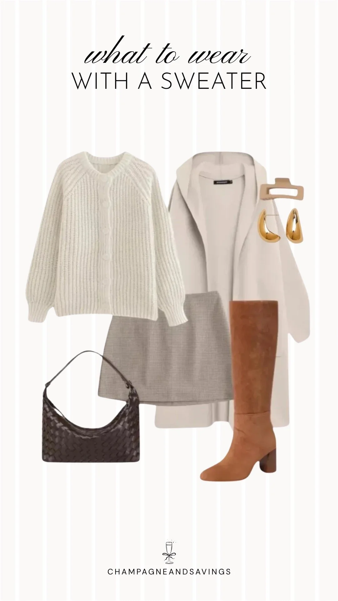 Collage of outfit pieces featuring a cream cardigan styled with a plaid mini skirt and a long coat for a chic and cozy sweater outfit idea.