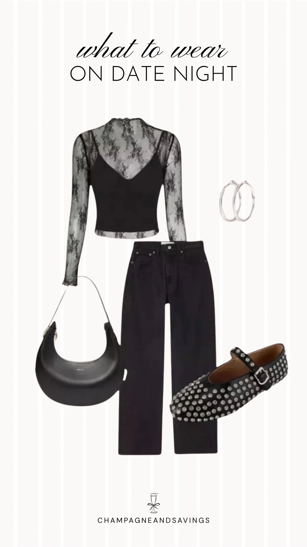 Collage of outfit pieces featuring a sheer lace top styled with black jeans and studded flats for a chic and edgy fall date night outfit idea.