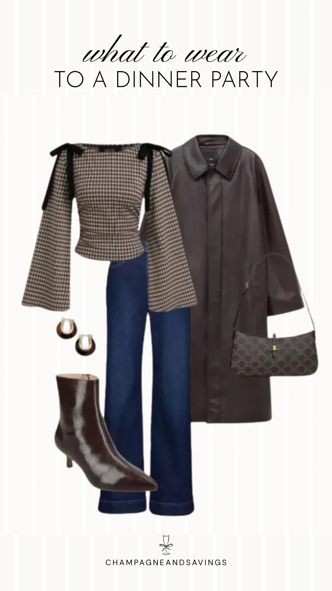 A dinner party outfit idea featuring a houndstooth top layered under a leather trench coat for a sophisticated fall look with timeless pattern and modern edge.