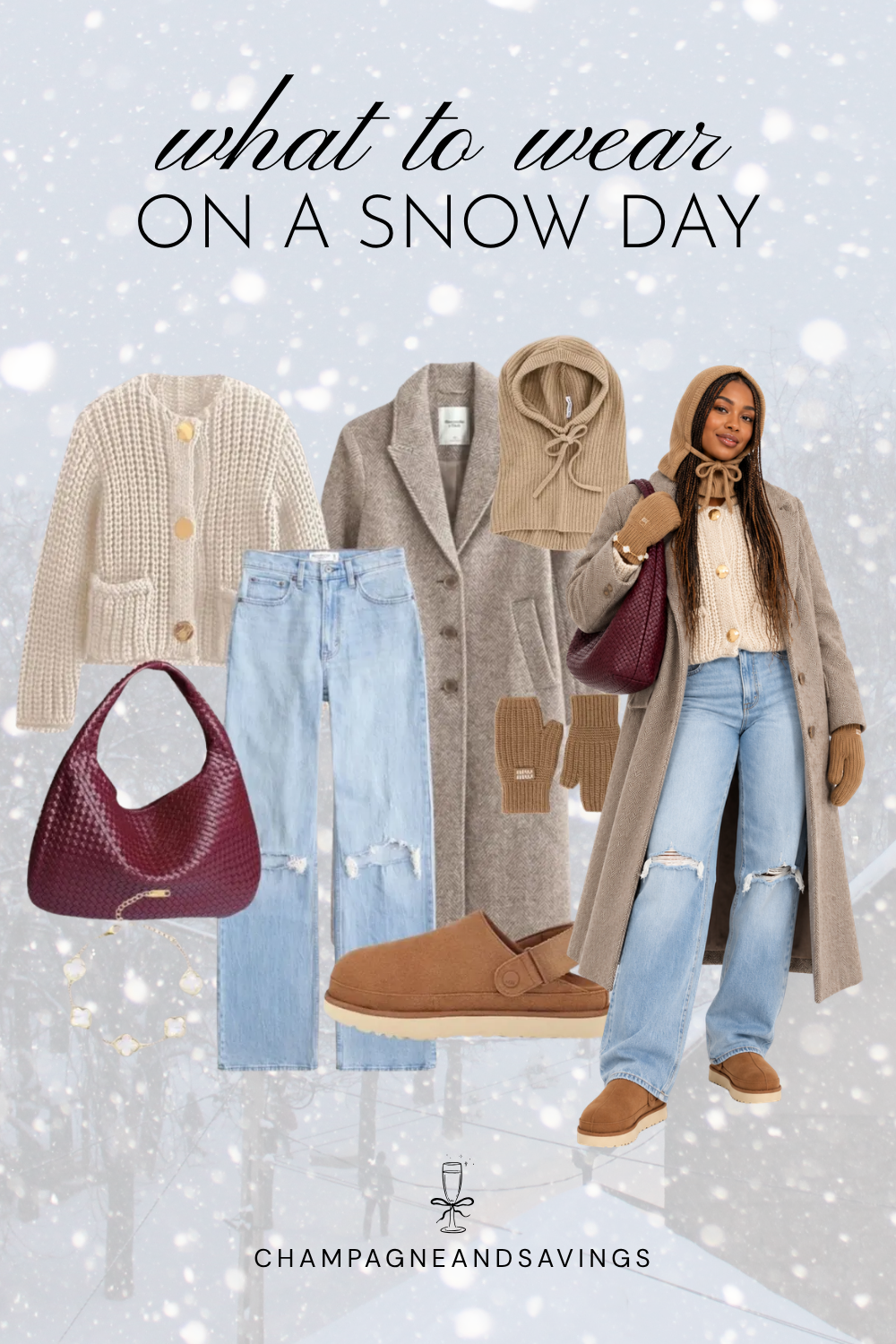 Trendy snow day outfit idea featuring a cardigan, jeans, and a long coat, shown in a collage of outfit pieces.