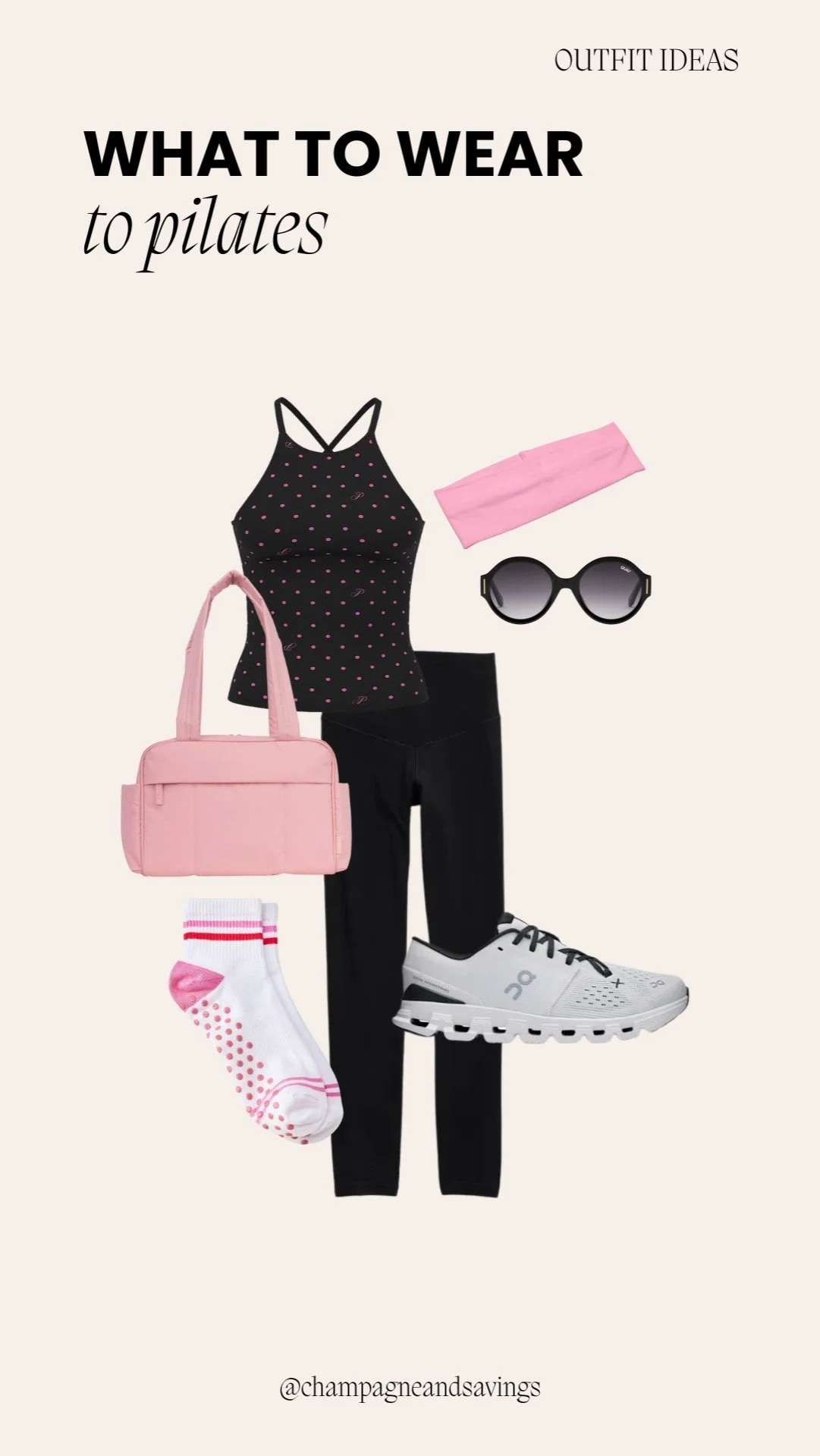 Collage of a black and pink Pilates outfit with matching top and leggings.