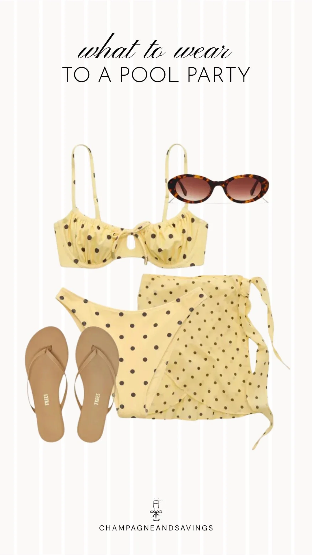 Collage of outfit pieces featuring a yellow polka dot bikini styled with a matching sarong for a fun and playful pool party outfit idea.