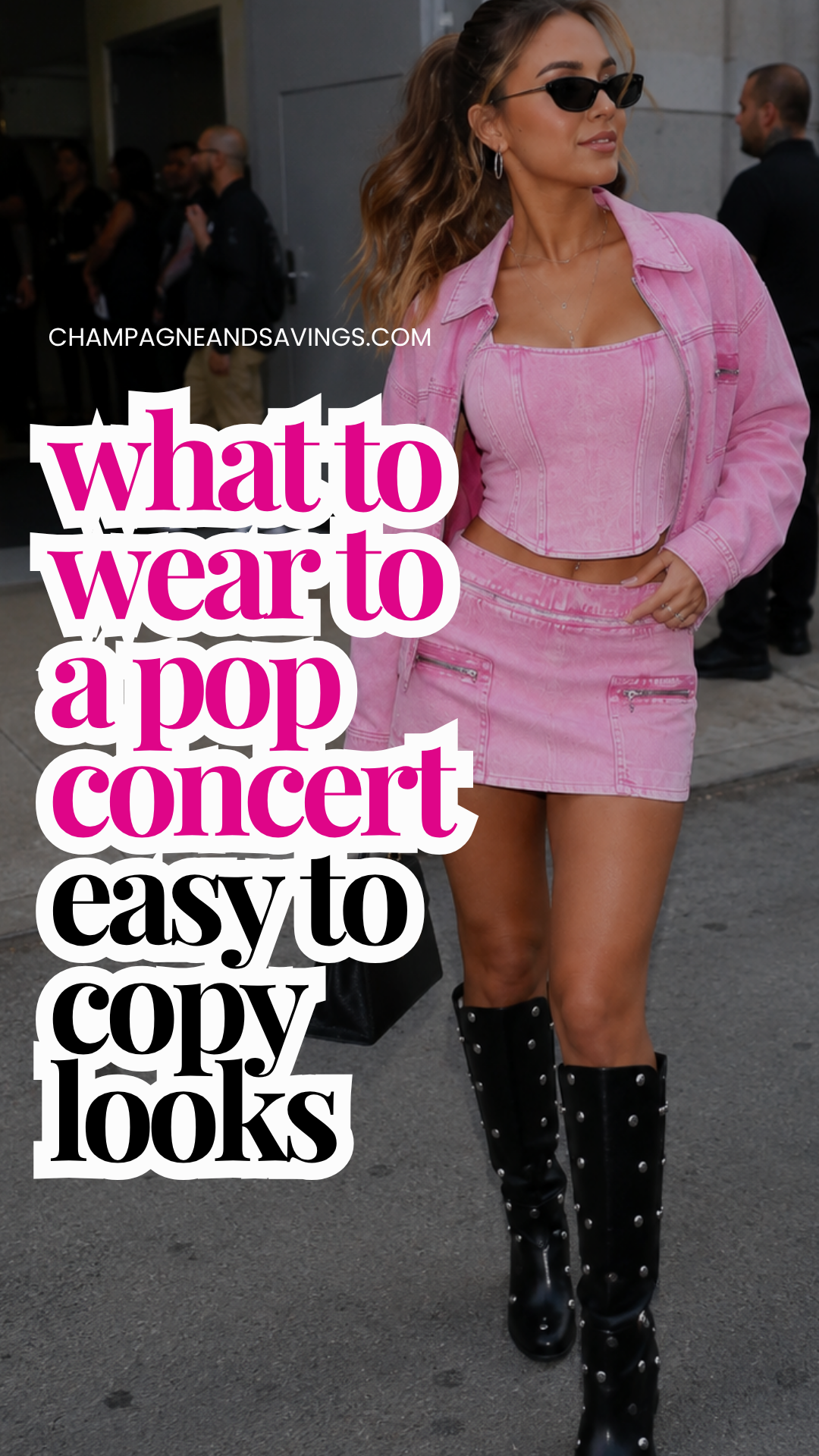Image that says What to Wear to a Pop Concert Easy to Copy Looks and has a girl in the background in a styled outfit.