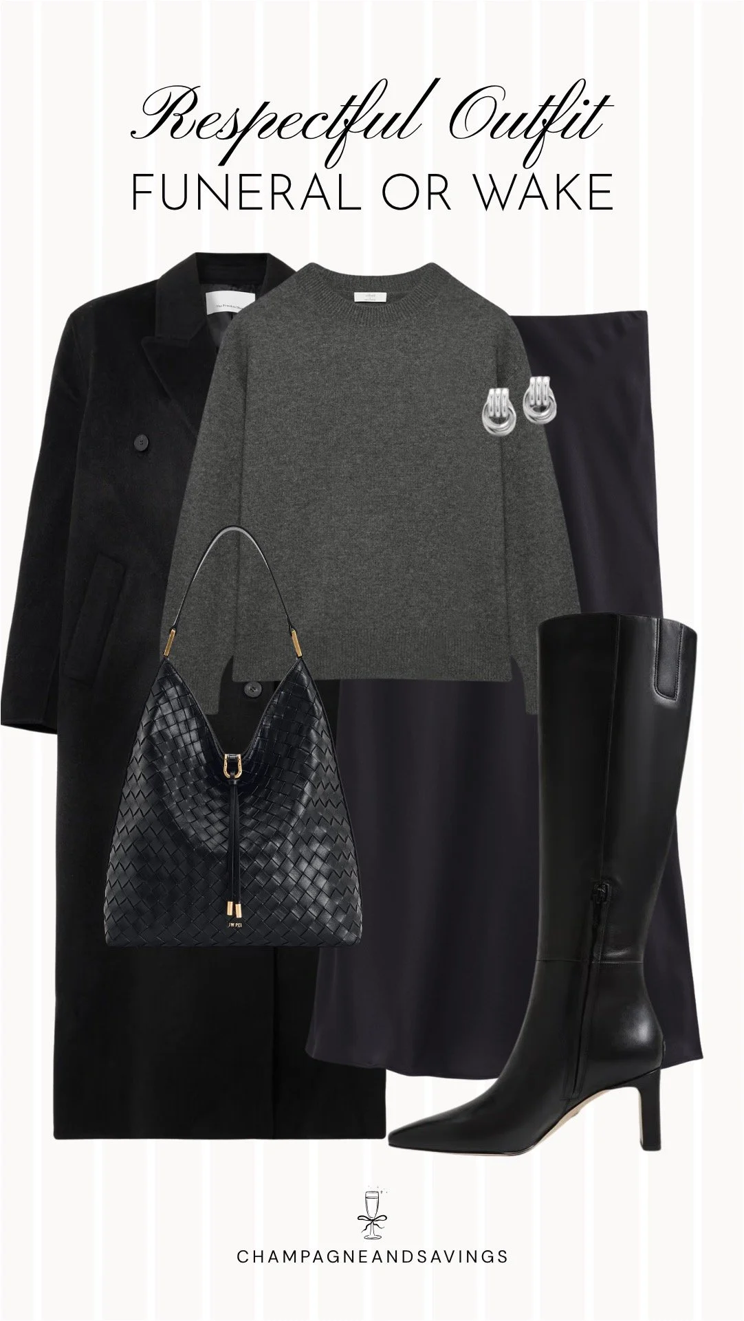 A respectful outfit idea for a funeral or wake featuring a gray sweater, a black maxi skirt, a black wool coat, and delicate accessories.