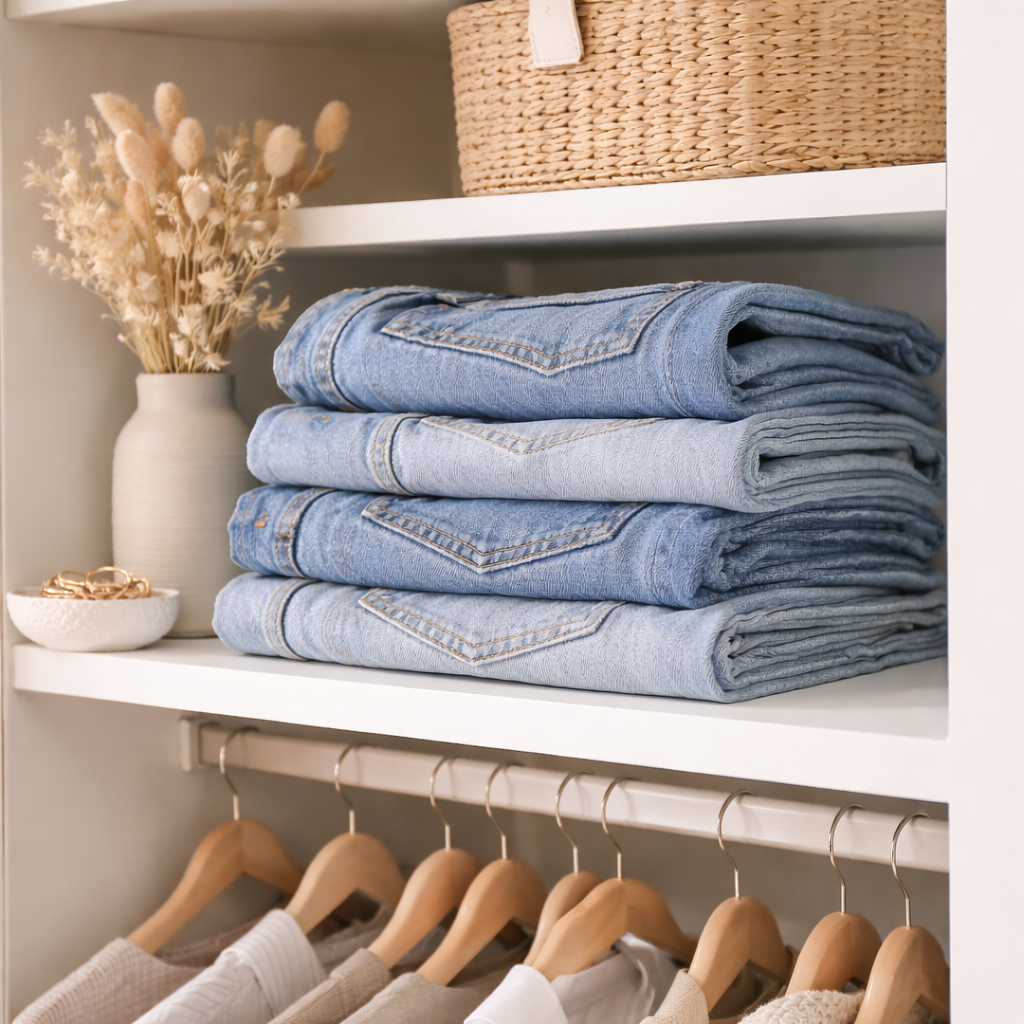 folded jeans in a closet