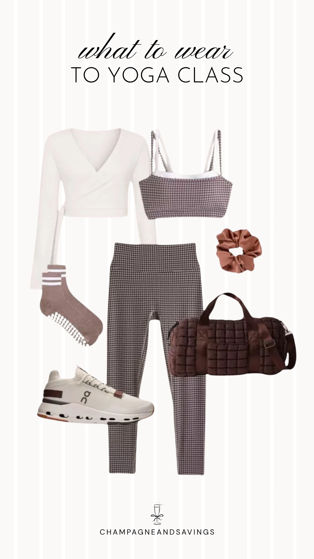 Collage of yoga outfit pieces featuring a houndstooth workout set paired with a white wrap top and grippy socks, creating a cozy yet polished look for yoga, stretching, or barre class.