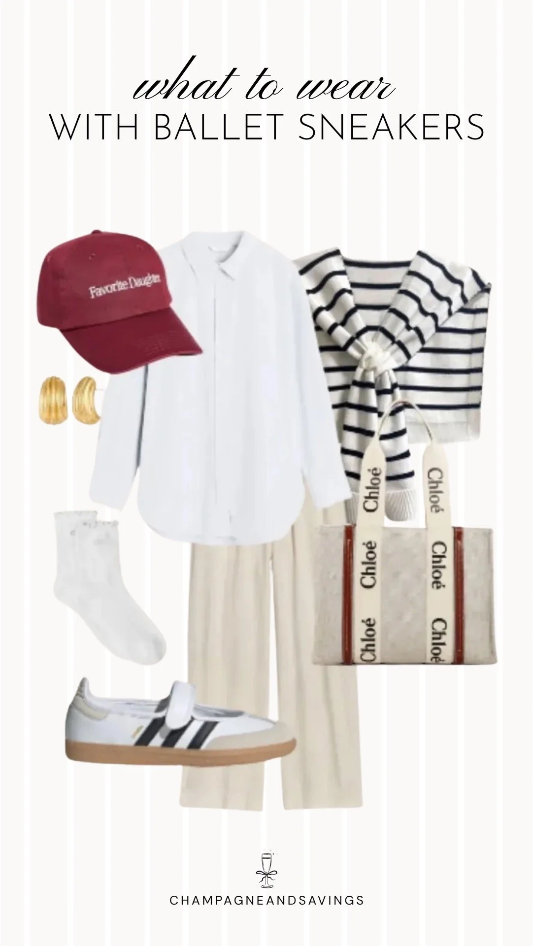 Collage of outfit pieces featuring ballet sneakers paired with wide leg pants and a striped sweater for a classic and effortless outfit with a relaxed feel.