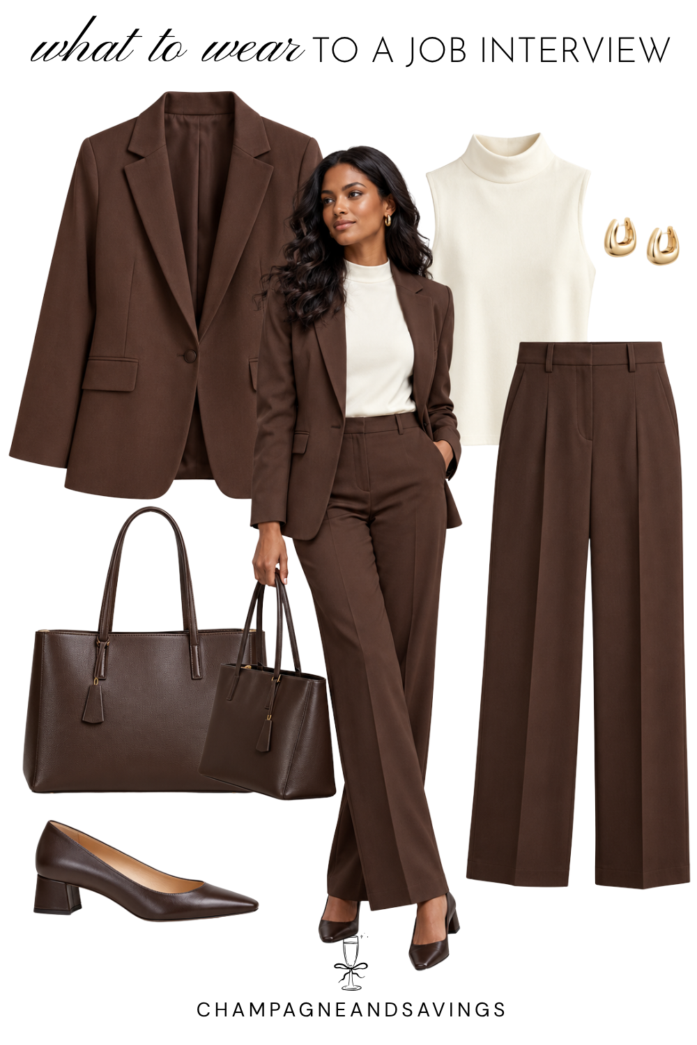 Job interview outfit idea for women featuring a chocolate brown pantsuit, shown in a collage of outfit pieces for a polished, professional look.