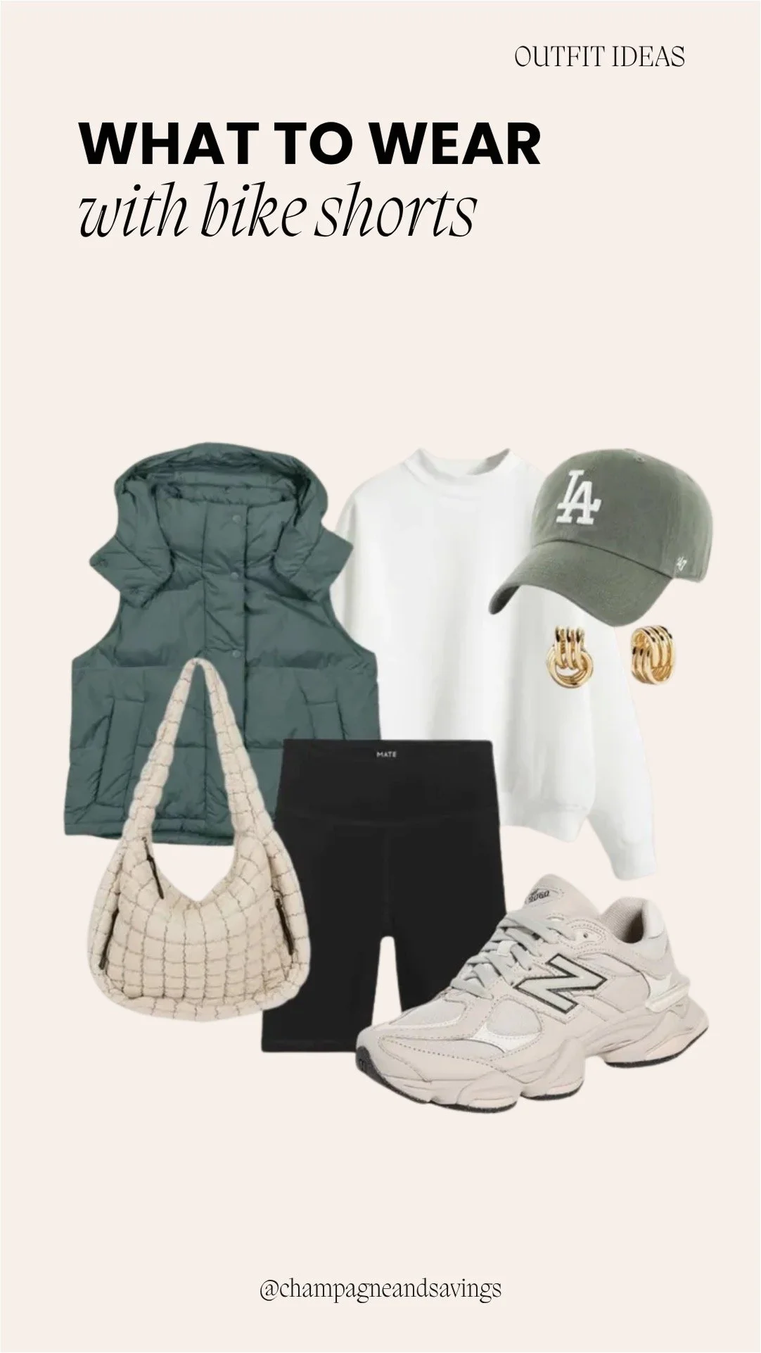 collage of bike shorts outfit idea featuring black bike shorts styled with a puffer vest and chunky sneakers, including outfit pieces arranged on a clean background