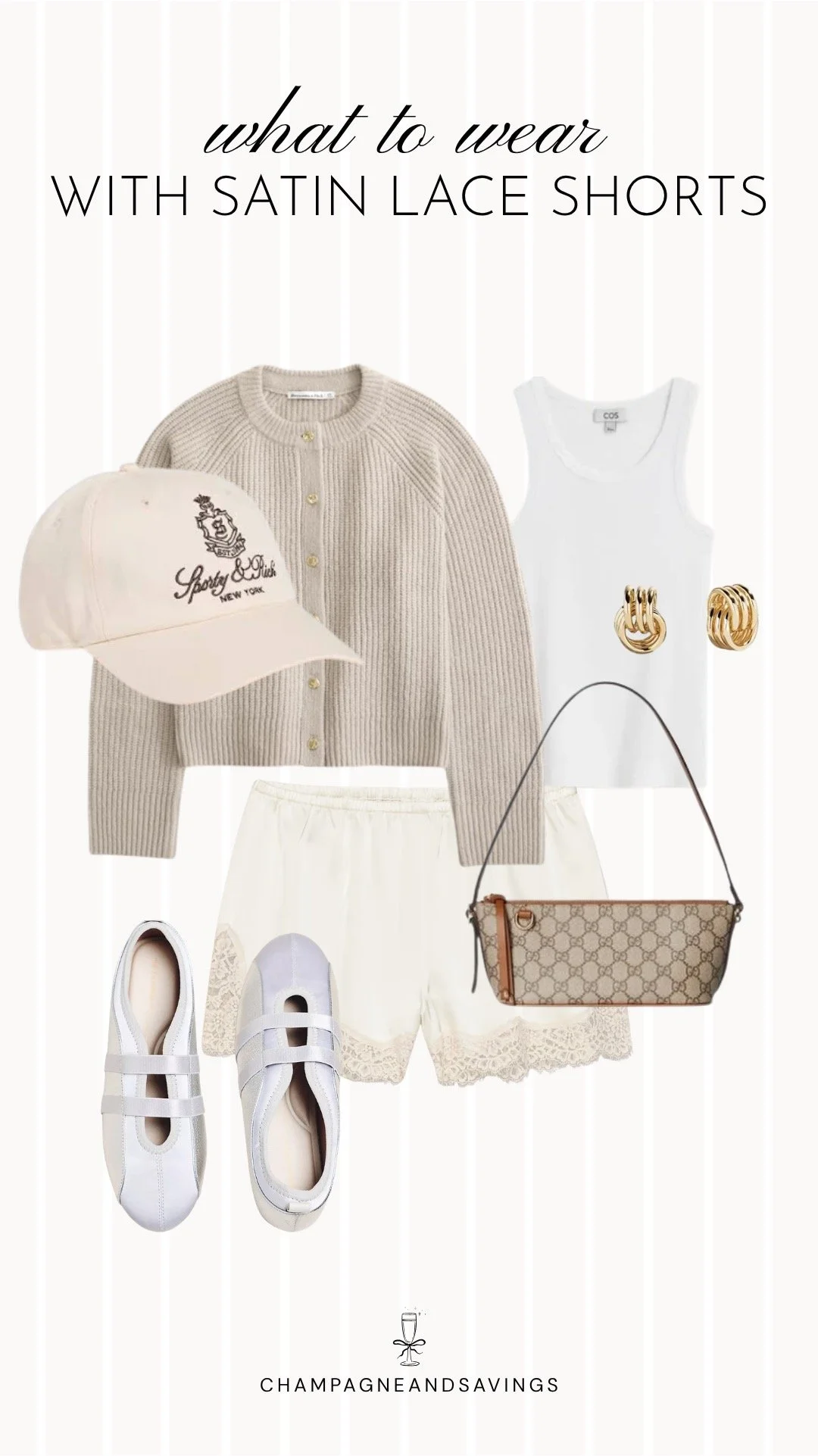 Collage of outfit pieces featuring satin lace shorts styled with a cardigan and a baseball cap for a casual, sporty-chic look