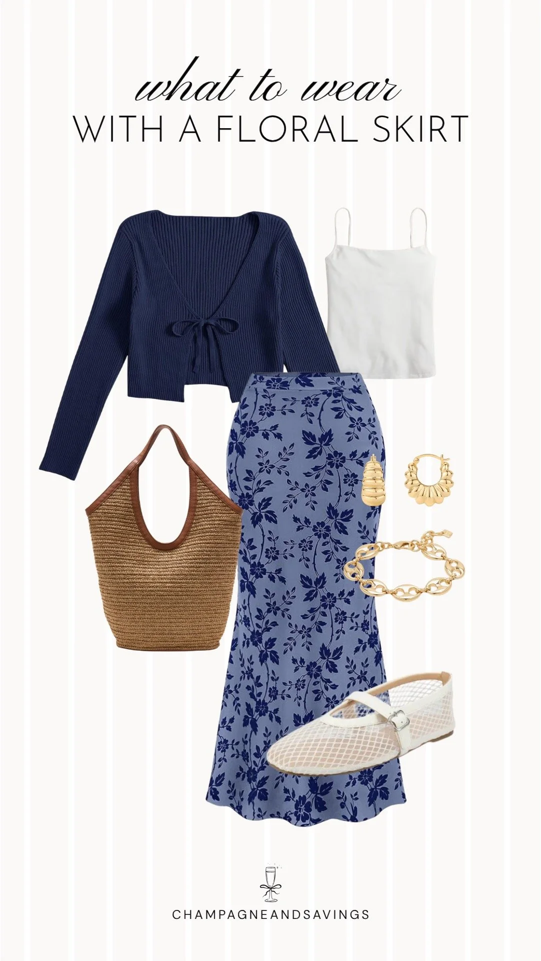 Collage of outfit pieces featuring a floral skirt styled with a tie front cardigan and mesh flats for a soft, feminine outfit