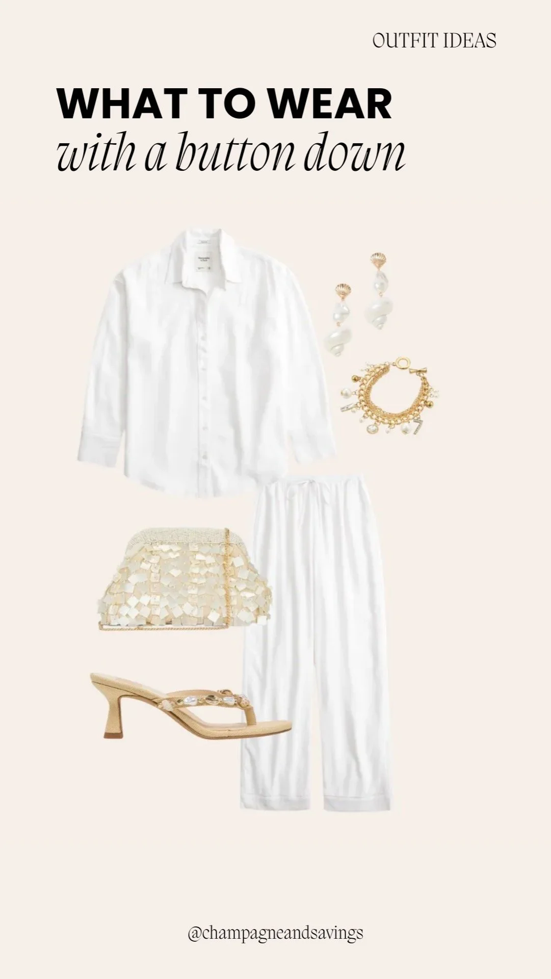 Button down shirt outfit idea featuring a matching button-down shirt set styled with heels, shown in a collage of outfit pieces.