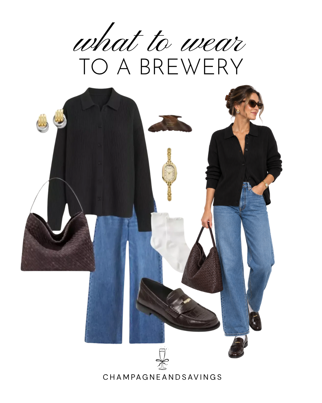 Casual brewery outfit with a black button-front cardigan, wide-leg blue jeans, brown loafers, and woven shoulder bag.