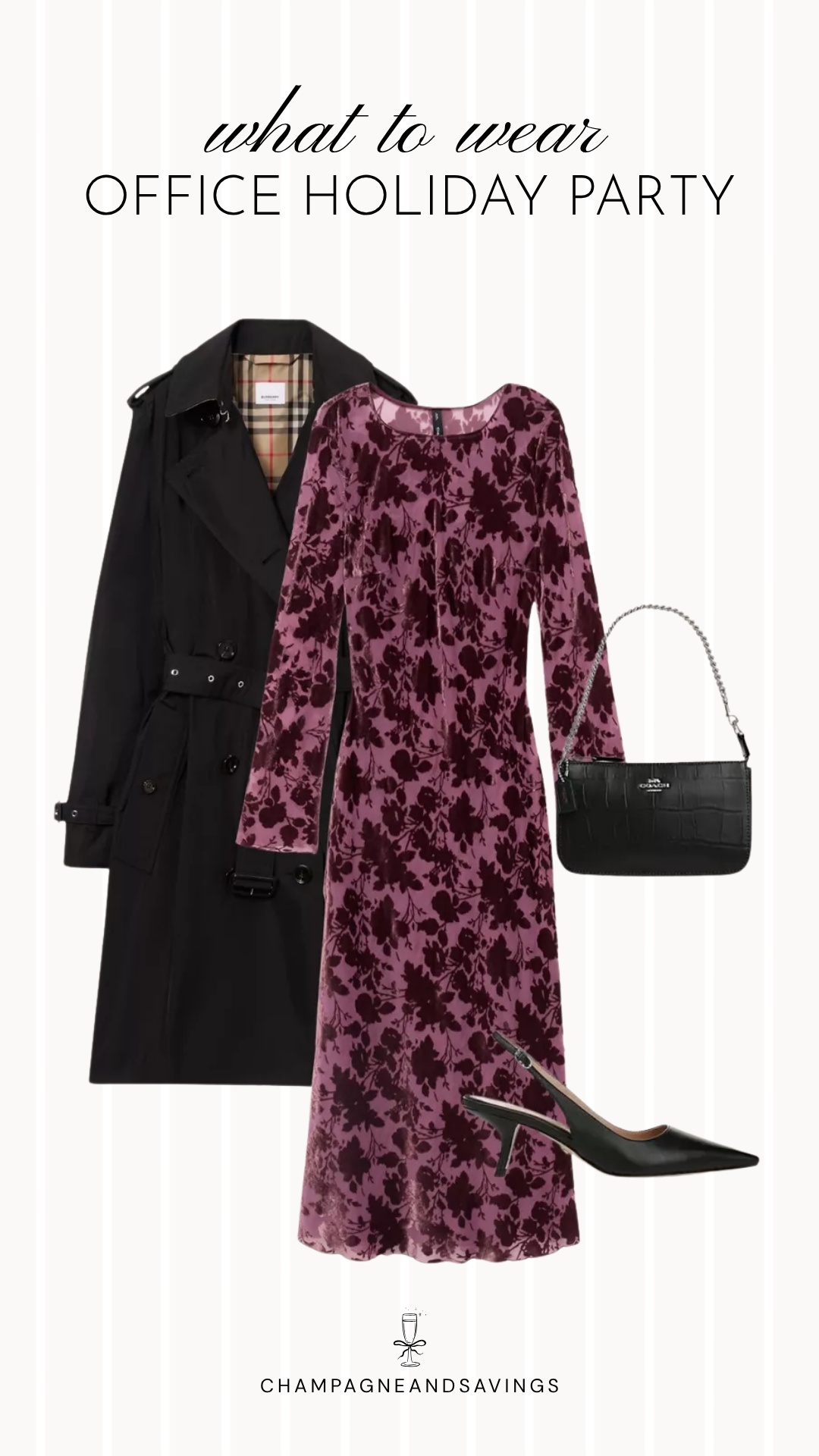 Work holiday party outfit idea featuring a burgundy floral dress styled with a black trench coat and coordinating accessories for a chic, festive office party look.