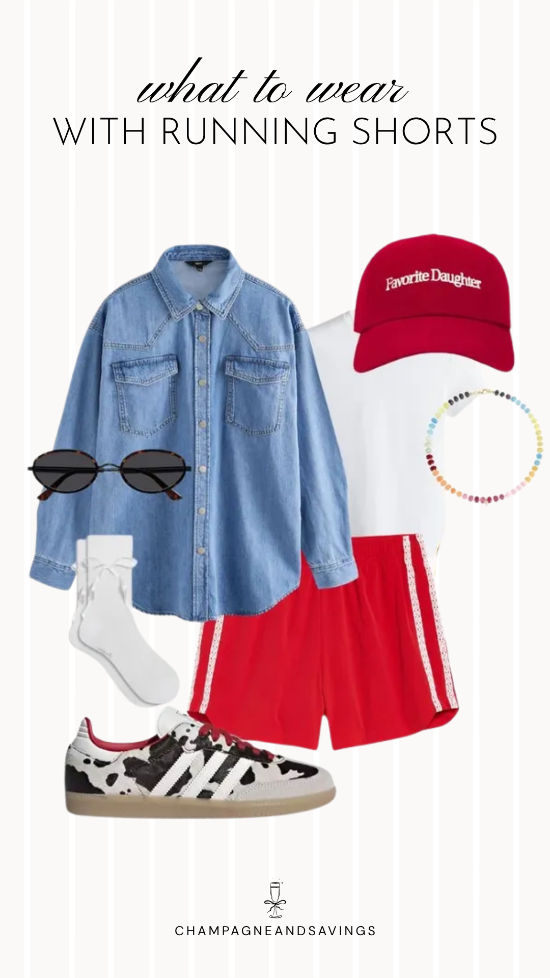 A casual running shorts outfit featuring athletic running shorts paired with a denim shirt and sneakers, creating a sporty yet stylish look that's perfect for errands, travel days, or everyday wear.