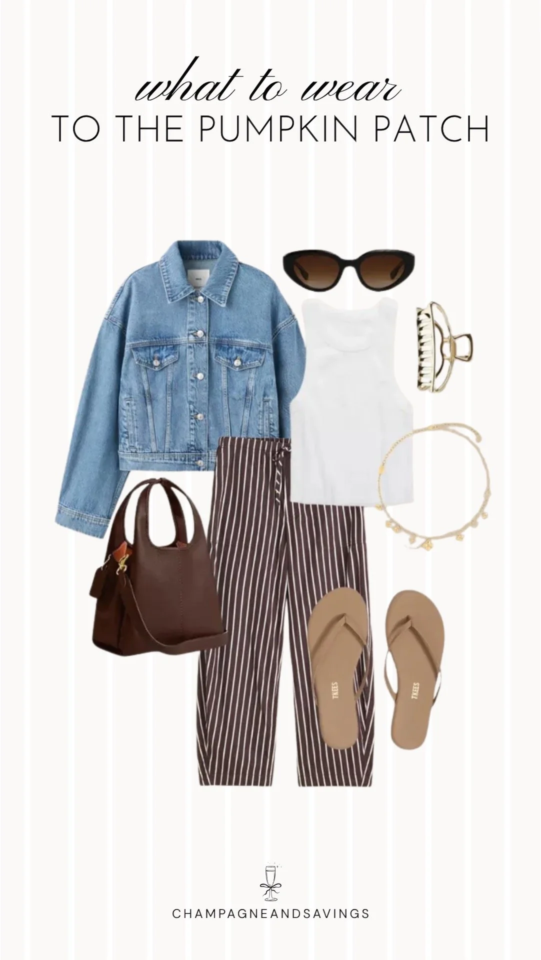Collage of outfit pieces featuring a denim jacket styled with striped wide leg pants and flip flops for a relaxed pumpkin patch outfit idea with a casual laid-back fall vibe.