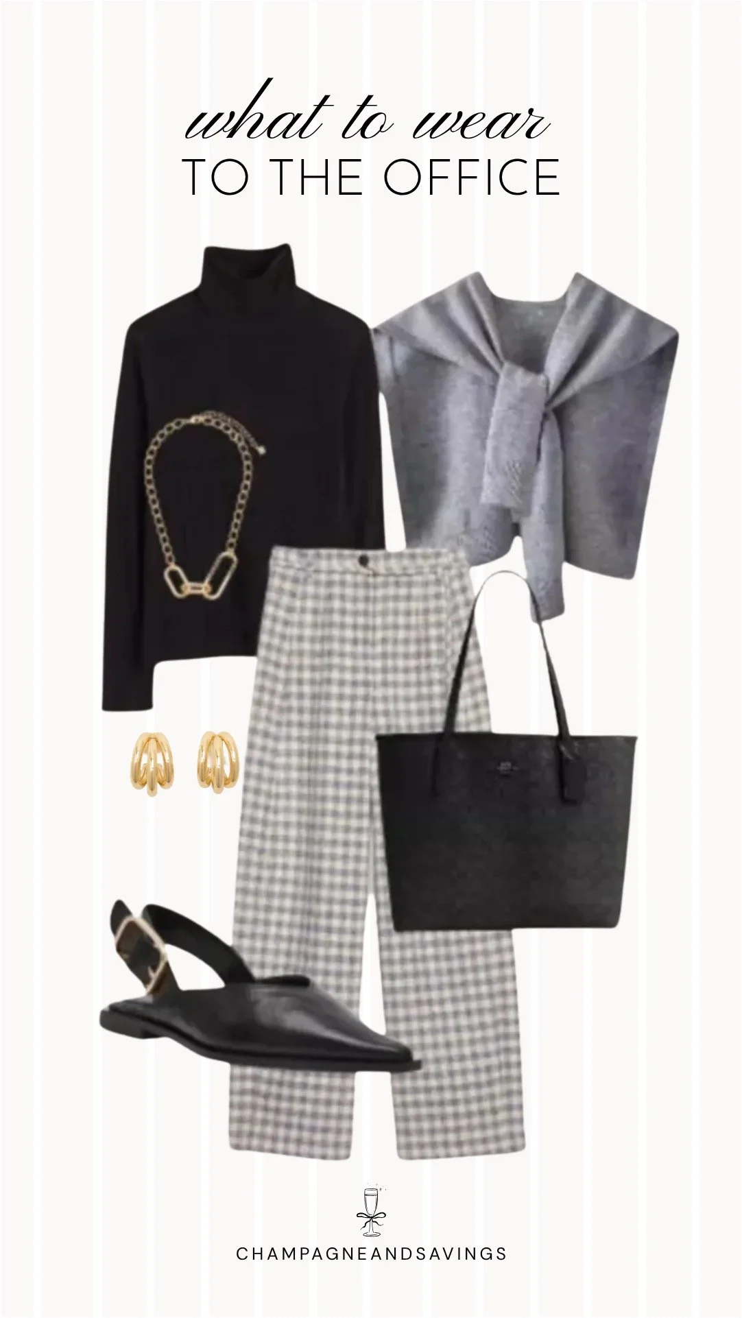 Collage of outfit pieces featuring a black turtleneck paired with gingham trousers for a polished fall outfit with a classic and sophisticated feel.