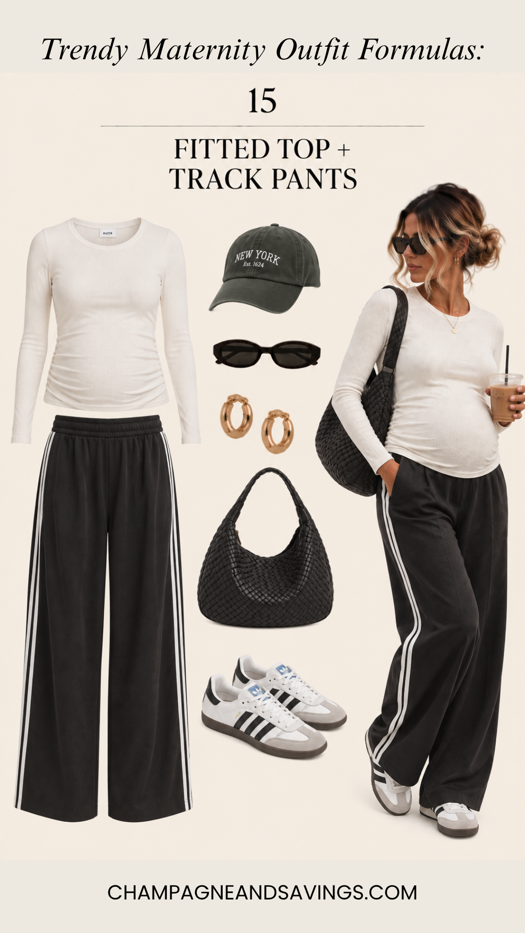 Maternity trousers with a fitted long-sleeve top pregnancy outfit formula featuring a collage of outfit pieces and a styled look for a trendy pregnancy outfit.