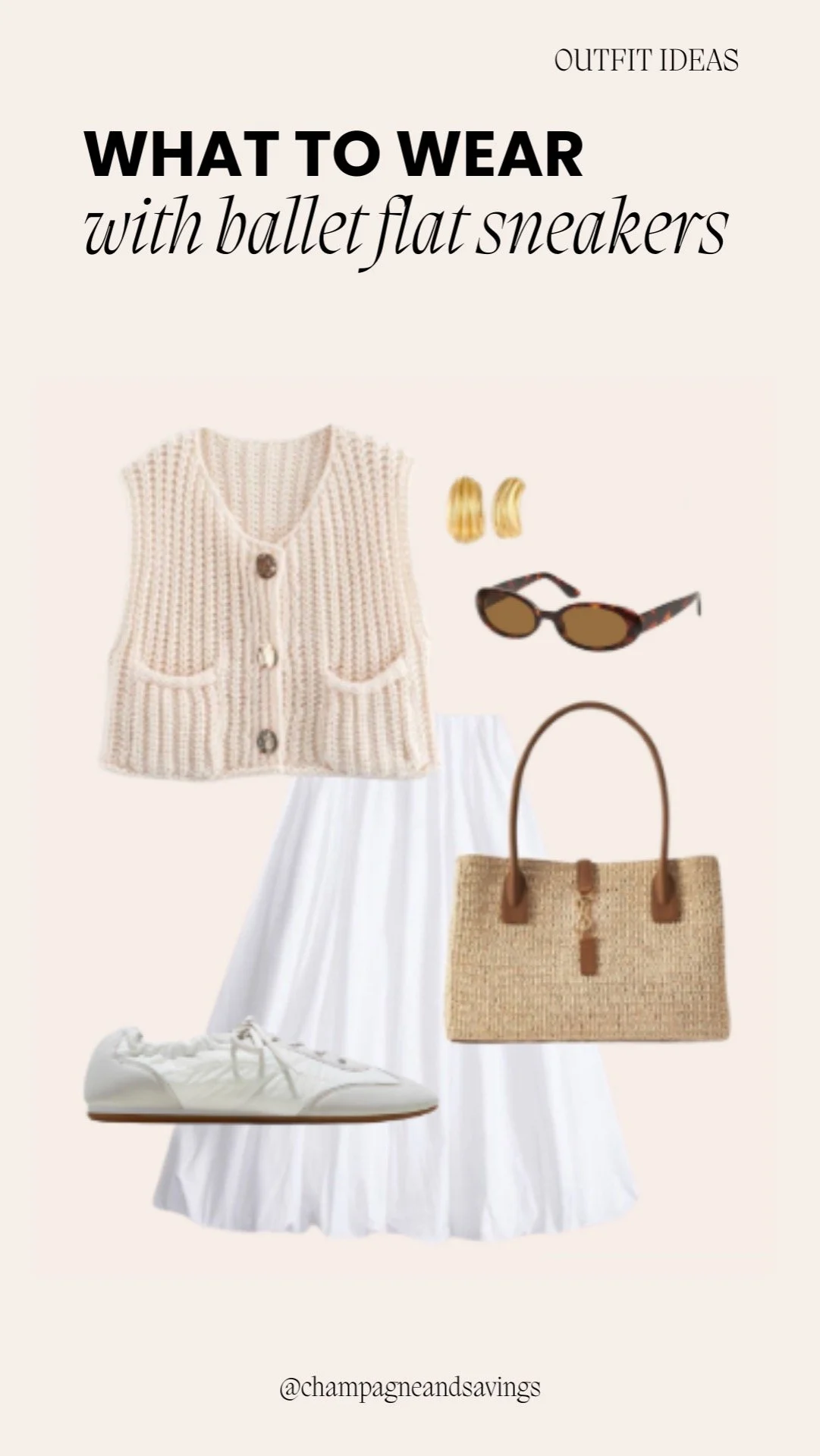 Casual spring outfit featuring ballet flat sneakers paired with a maxi skirt and knit vest