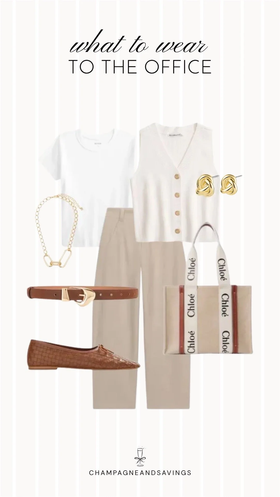 Collage of outfit pieces featuring a knit vest layered over a white tee with wide leg trousers for a polished and comfortable summer office outfit idea for chilly offices.