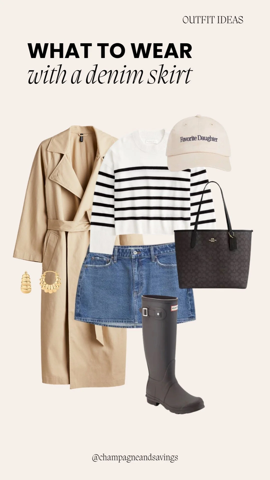 Mini skirt outfit idea featuring a denim mini skirt paired with a trench coat and rain boots, styled together as coordinated outfit pieces.