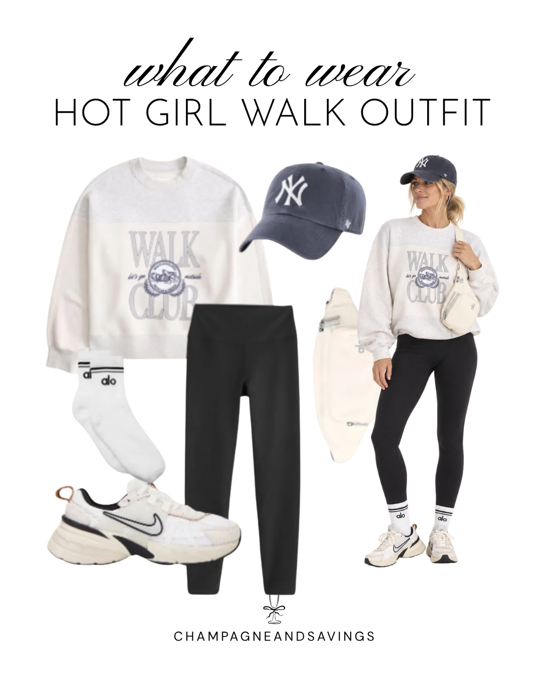 Hot girl walk outfit idea featuring a graphic sweatshirt paired with leggings, shown in a collage of outfit pieces for a cute and casual walking outfit.