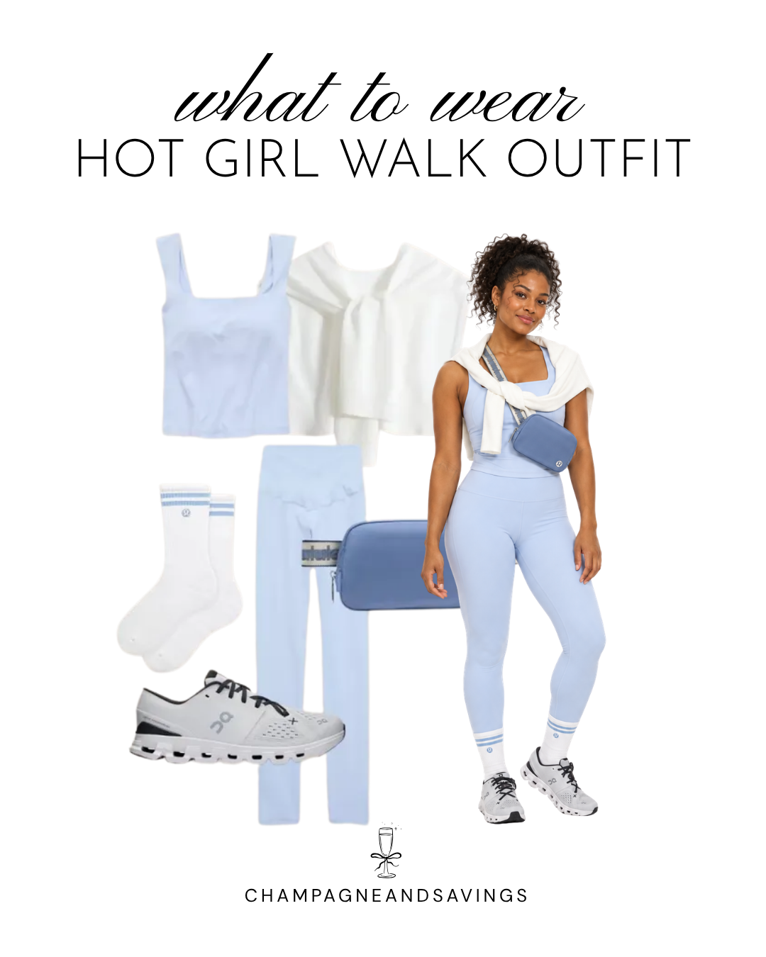 Hot girl walk outfit idea featuring a powder blue matching workout set, shown in a collage of outfit pieces for a cute and sporty walking outfit.