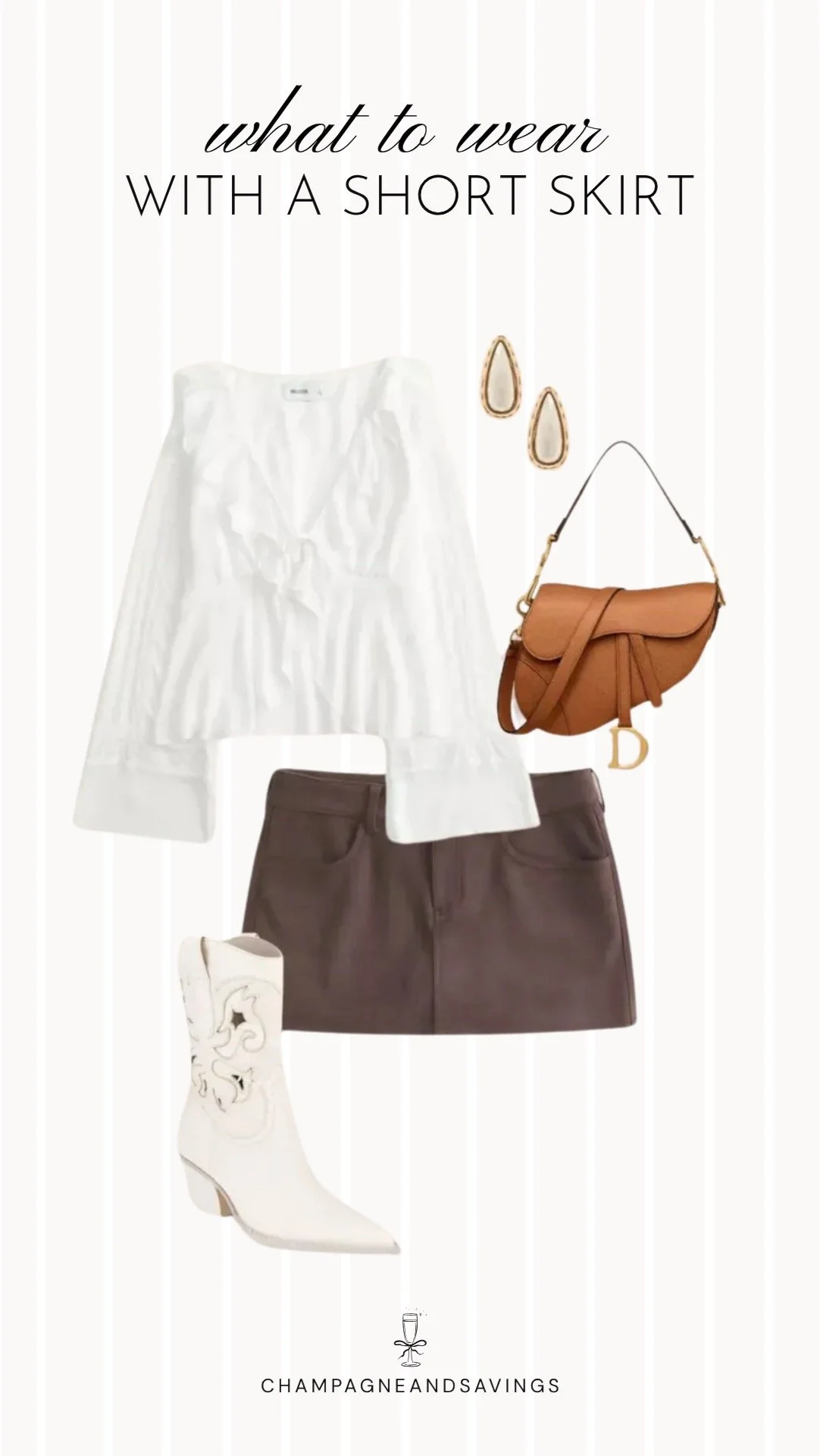 Collage of outfit pieces featuring a short skirt styled with a ruffle blouse and cowboy boots for a feminine western-inspired outfit idea.