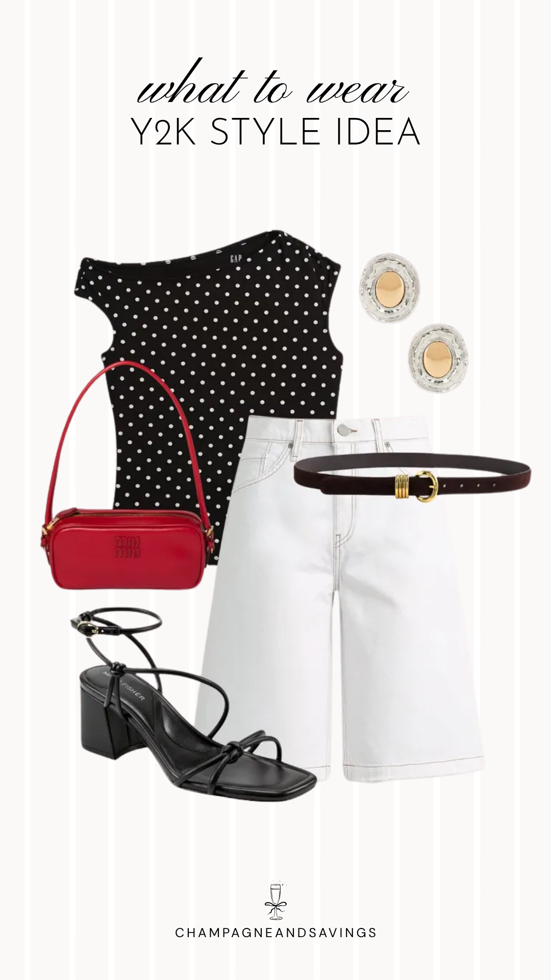 Y2K outfit idea collage featuring a polka dot top with white Bermuda shorts for a trendy 2026 look.