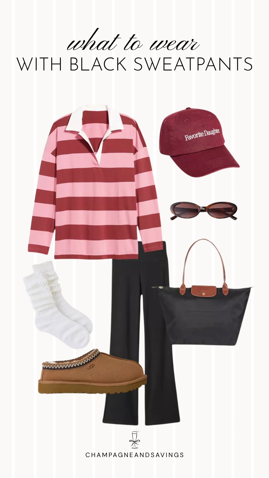 Black sweatpants outfit idea collage featuring a striped rugby polo with black flare sweatpants and cozy slippers for a casual, sporty look.