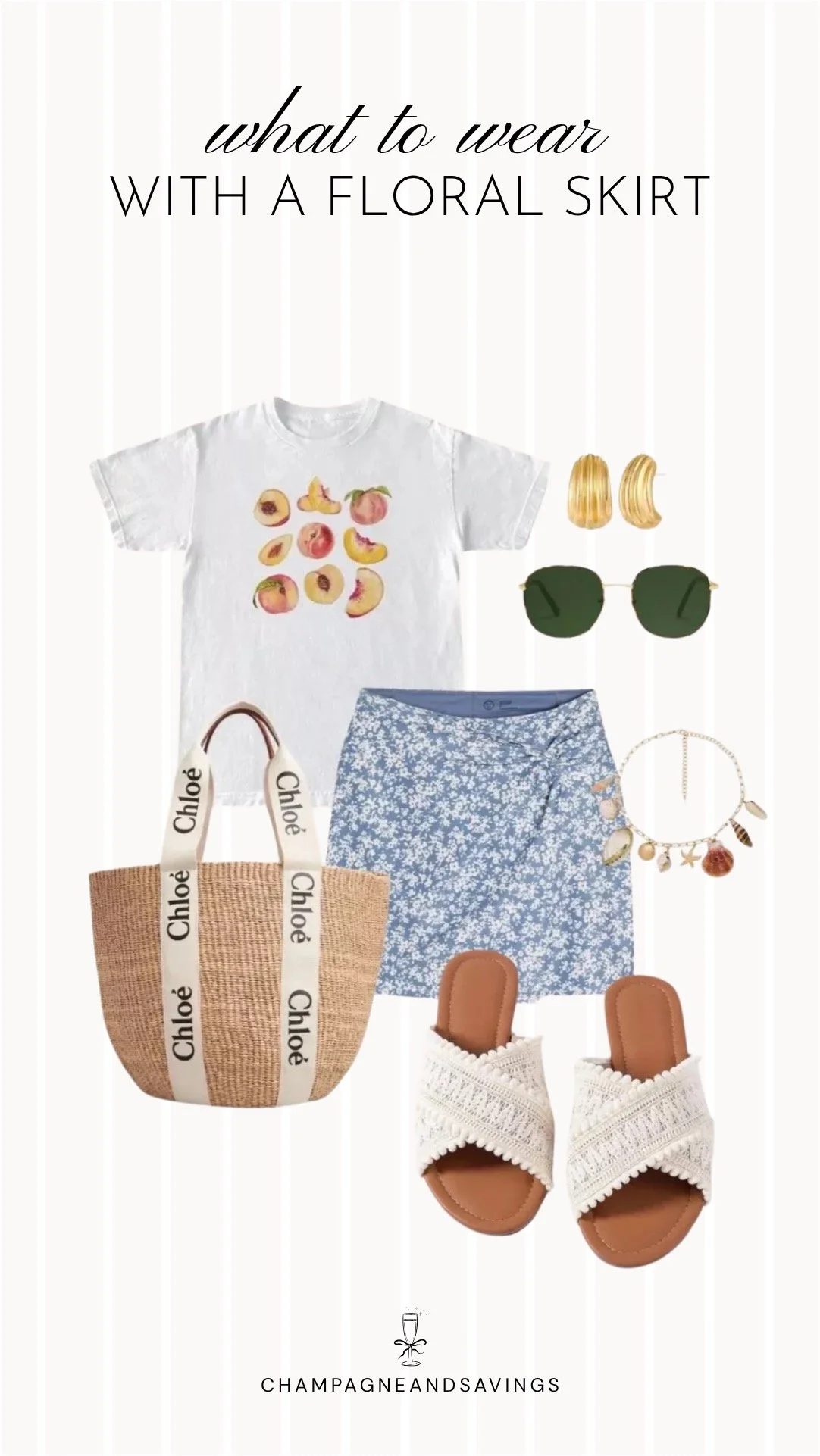 Collage of outfit pieces featuring a floral skirt styled with a graphic tee and crochet slides for a relaxed, beachy outfit