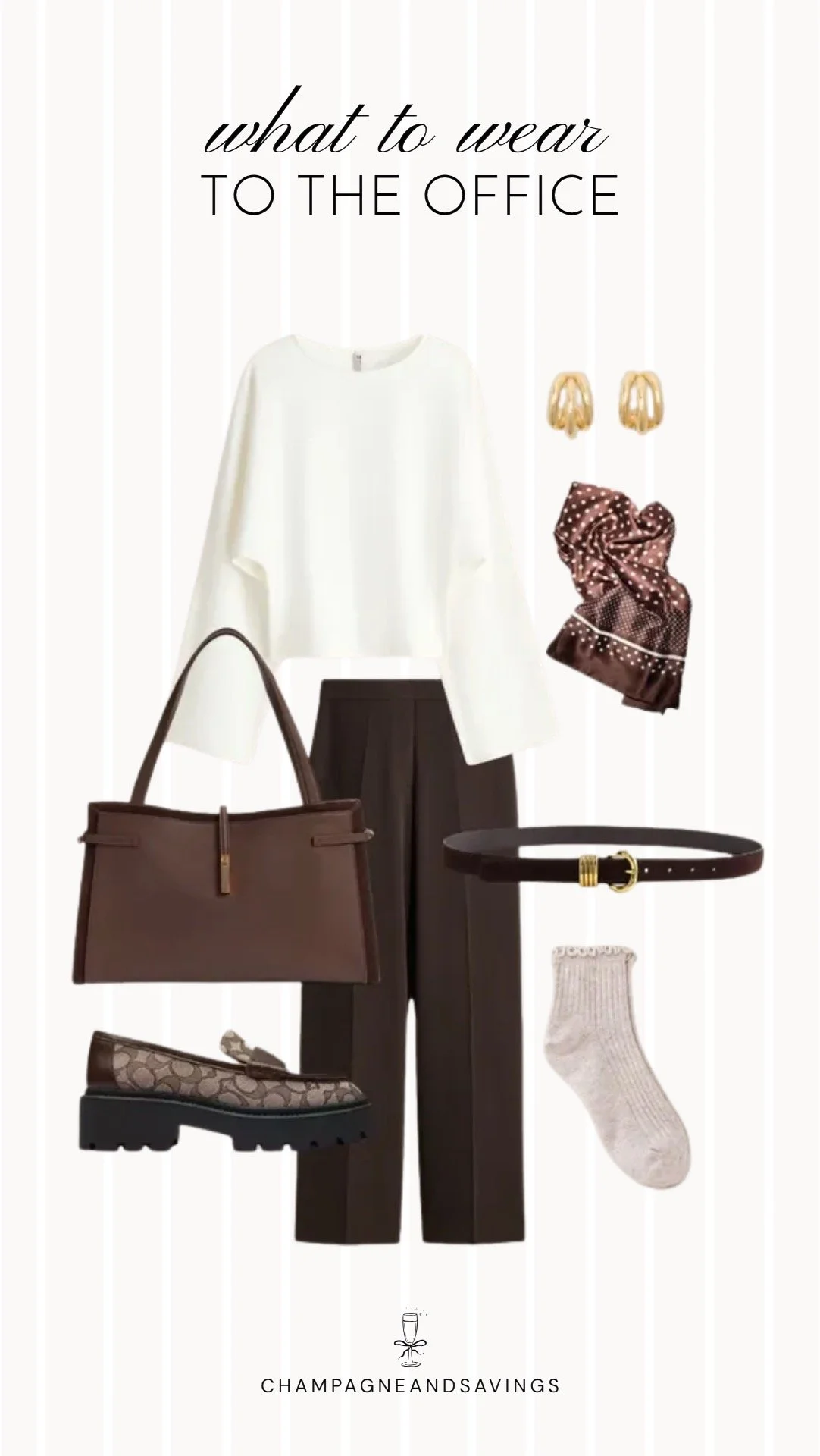 Collage of outfit pieces featuring a white top paired with brown trousers and a silk scarf for a polished fall work outfit with a classic and professional look.