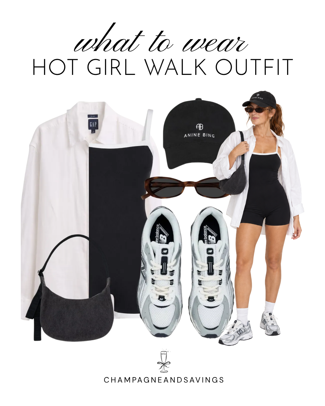 Hot girl walk outfit idea featuring a white button-down shirt layered over a black active romper, shown in a collage of outfit pieces for a cute and sporty walking outfit.